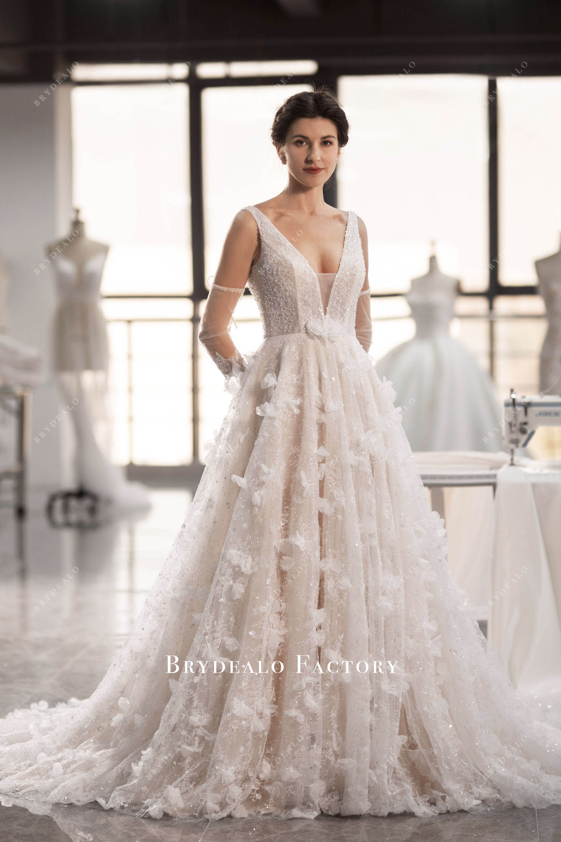 a line dress cap sleeve Romantic 3D Flowers Lace Plunging Neck Spring Fall Wedding Dress