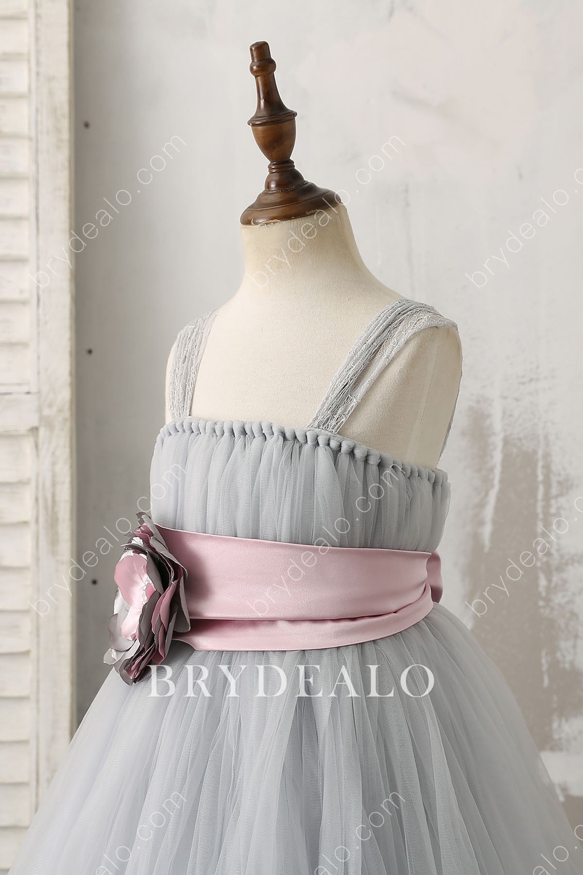 3D Flower Grey Tulle Flower Girl Dress