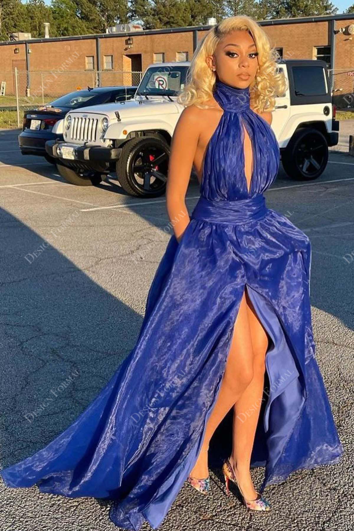 Royal Blue Organza Keyhole Halter Slit A-line Prom Dress