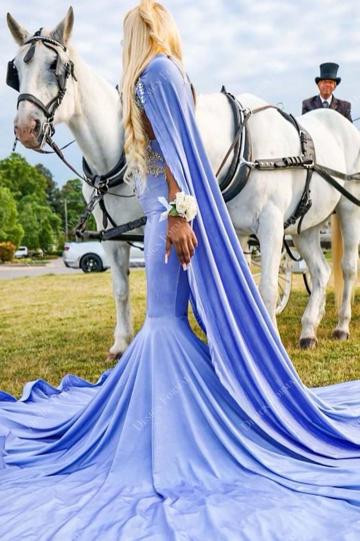 blue satin mermaid long train prom dress with cape