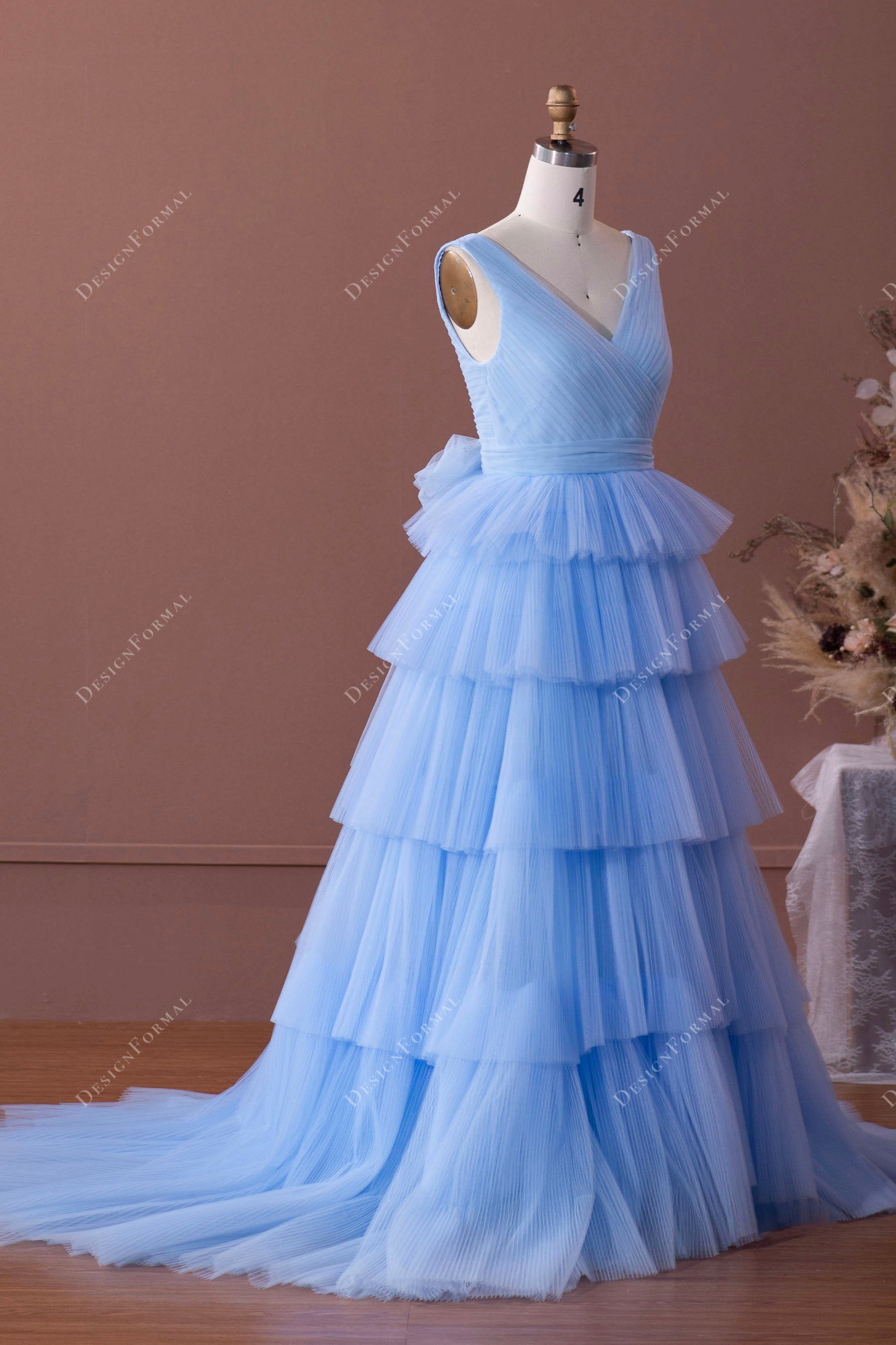 blue straps pleated tiered tulle formal dress