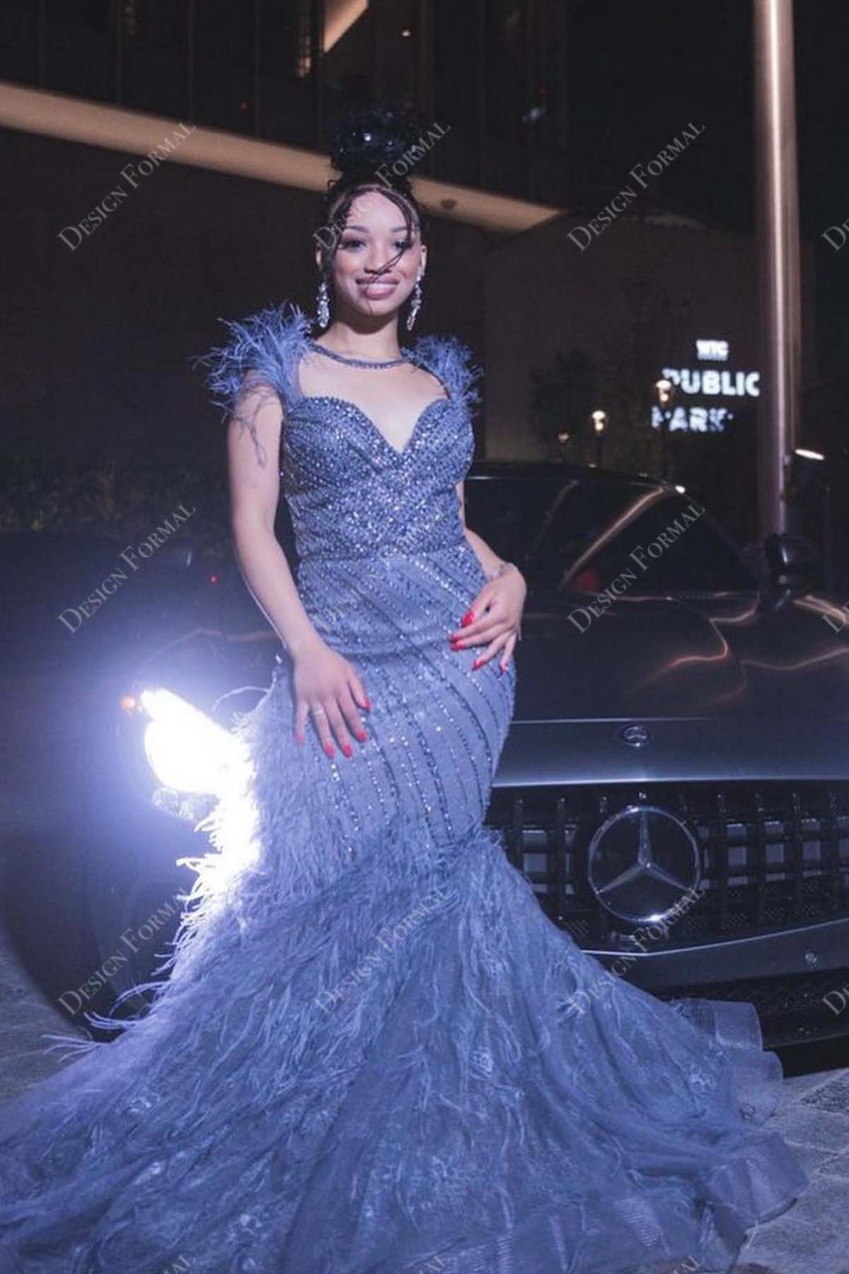 Blue Sequin Ostrich Feather Designer Sweetheart Mermaid Prom Dress