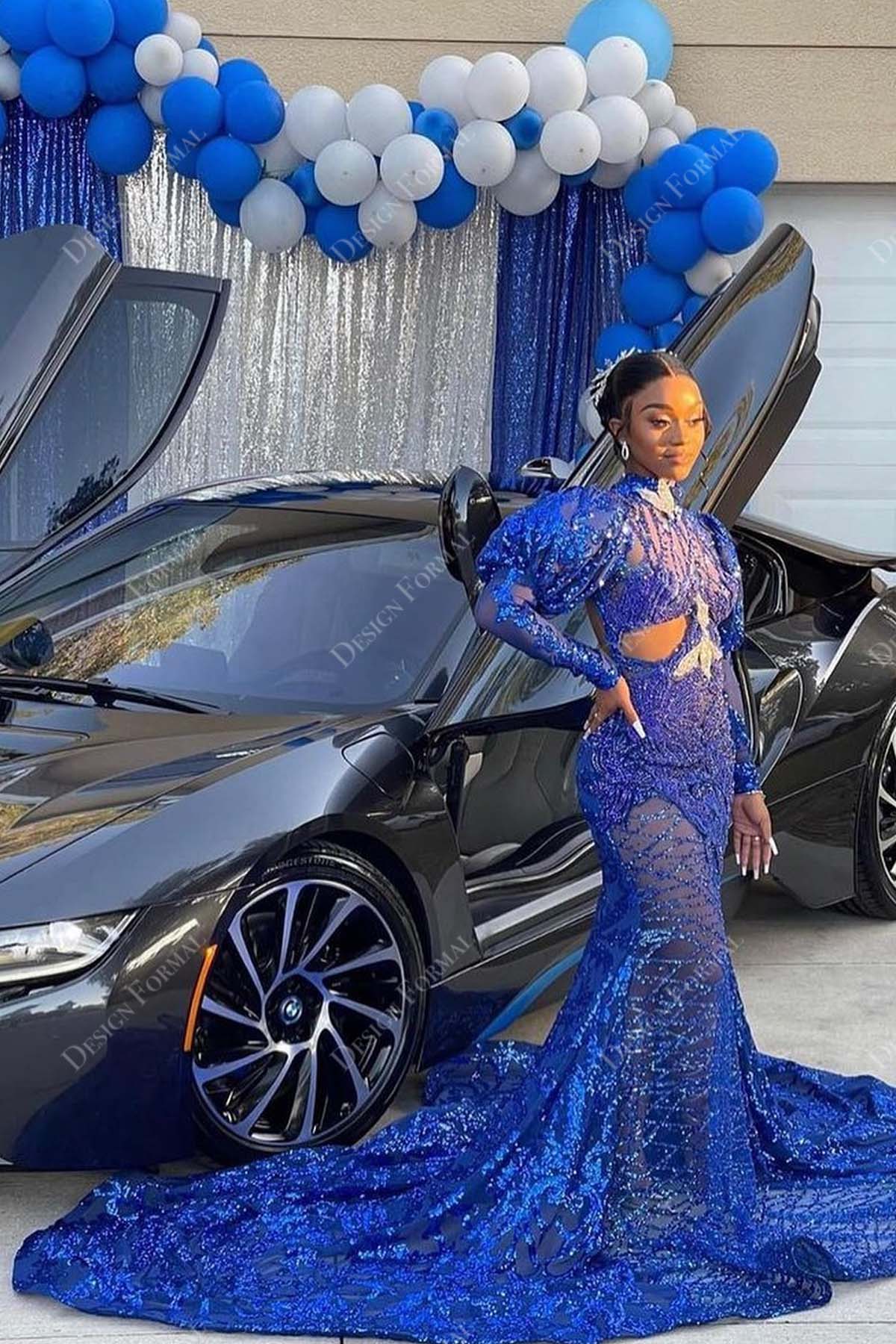 Royal Blue Sequin Sheer Bishop Sleeve Designer long Train Prom Dress