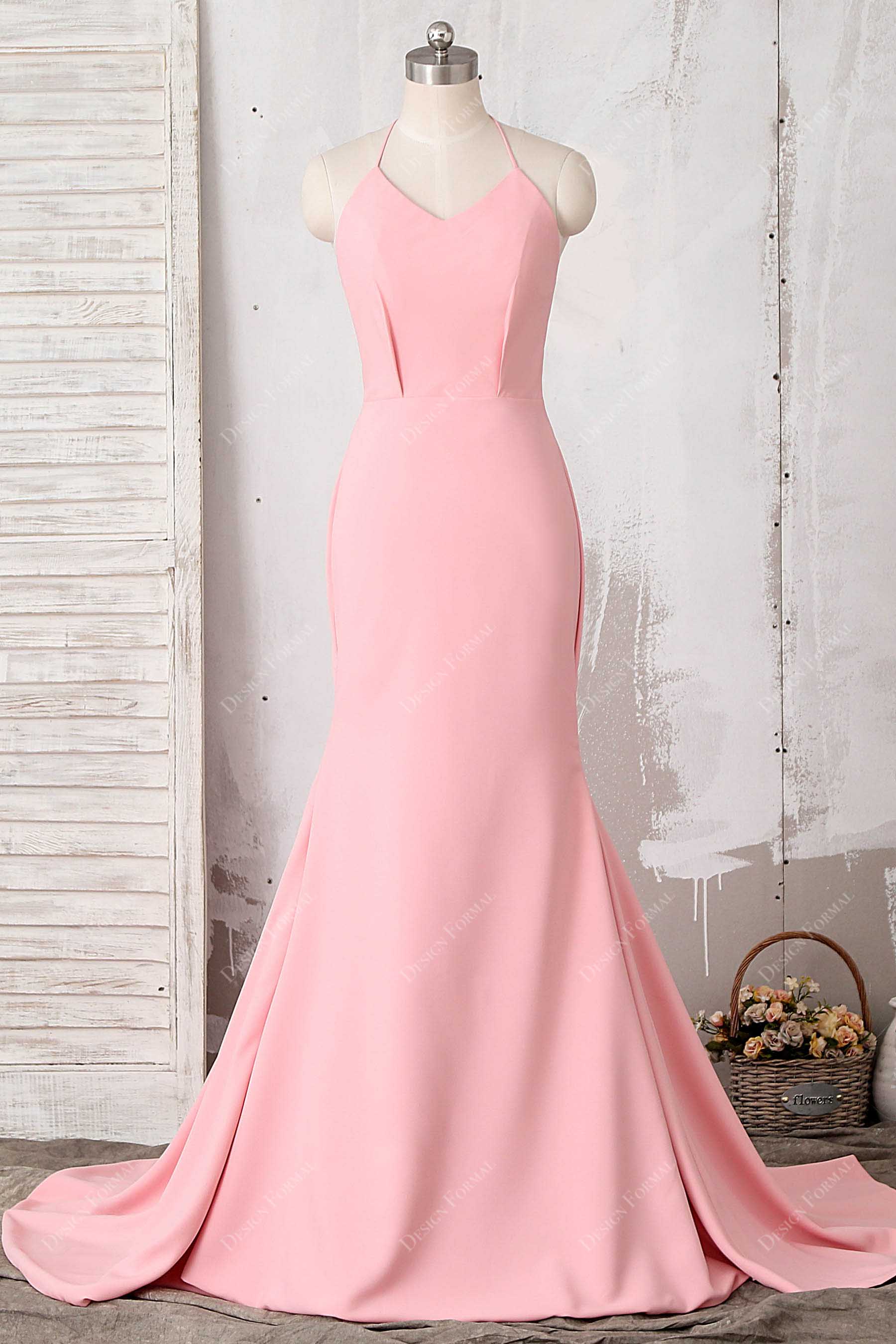 chinese dress ladies Pink Stretchy Crepe Thin Straps Long Mermaid Prom Dress