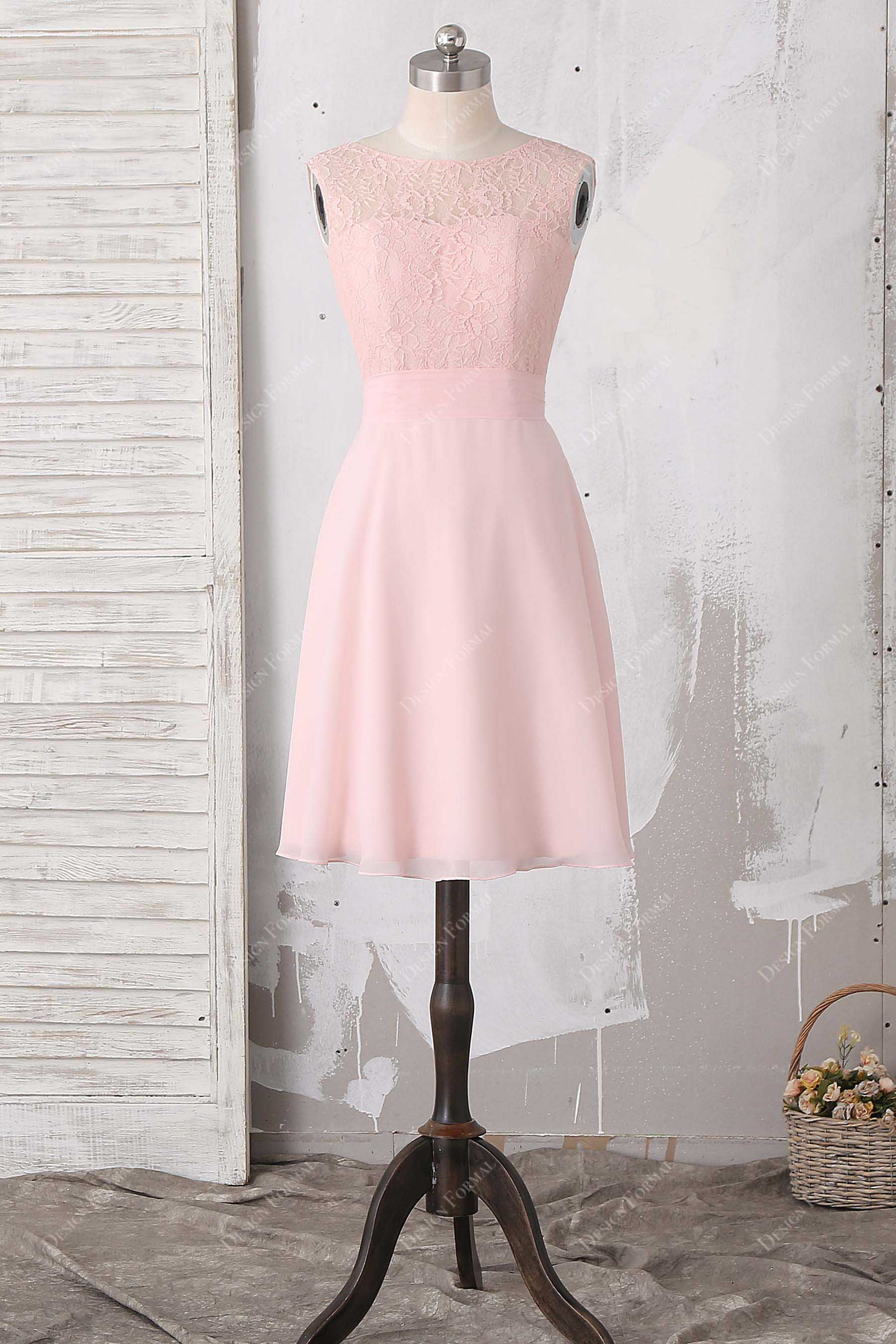 blush pink lace chiffon short bridesmaid dress