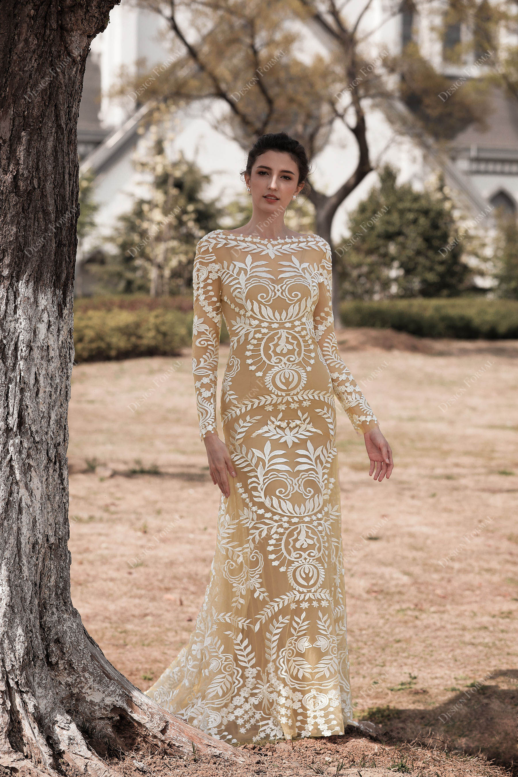 Designer Boho Sleeved Lace Oyster Wedding Dress with Nude Slip