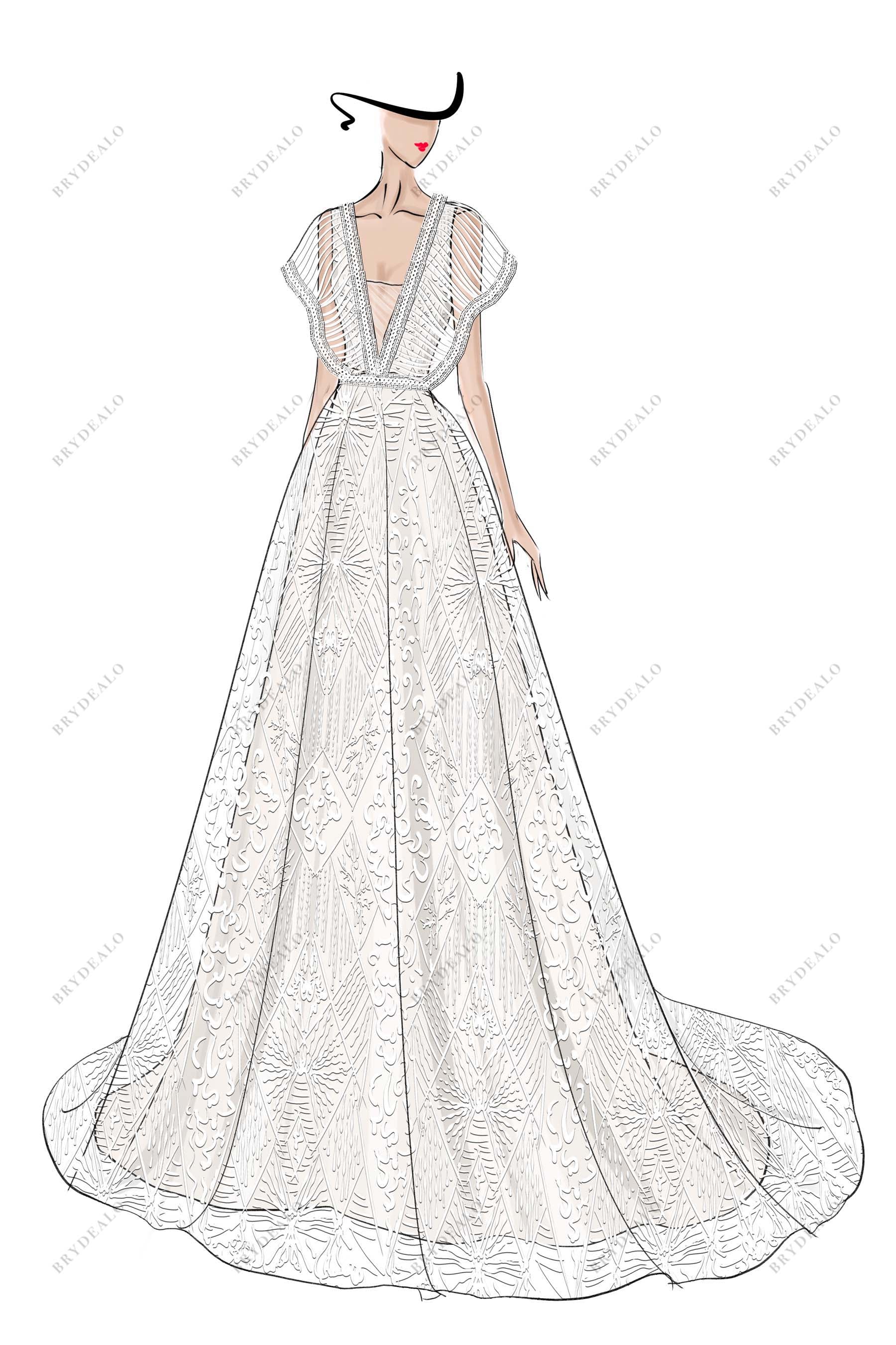 Designer Plunging A-line Boho Lace Wedding Dress Sketch, A Custom Sketch Designer Plunging A-line Boho Lace Wedding Dress Sketch, A Custom Sketch