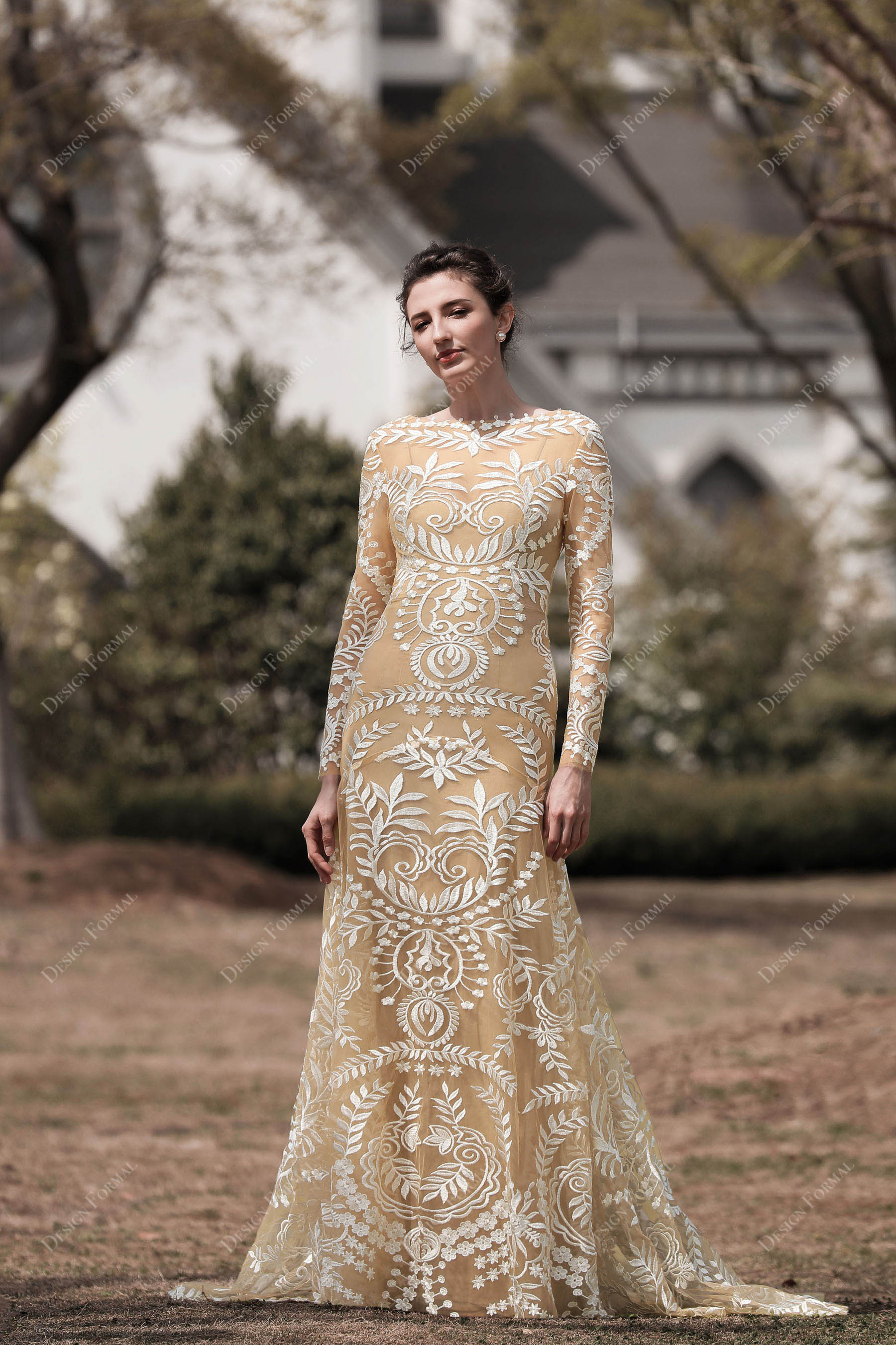 boho sleeved lace overlaid nude wedding dress