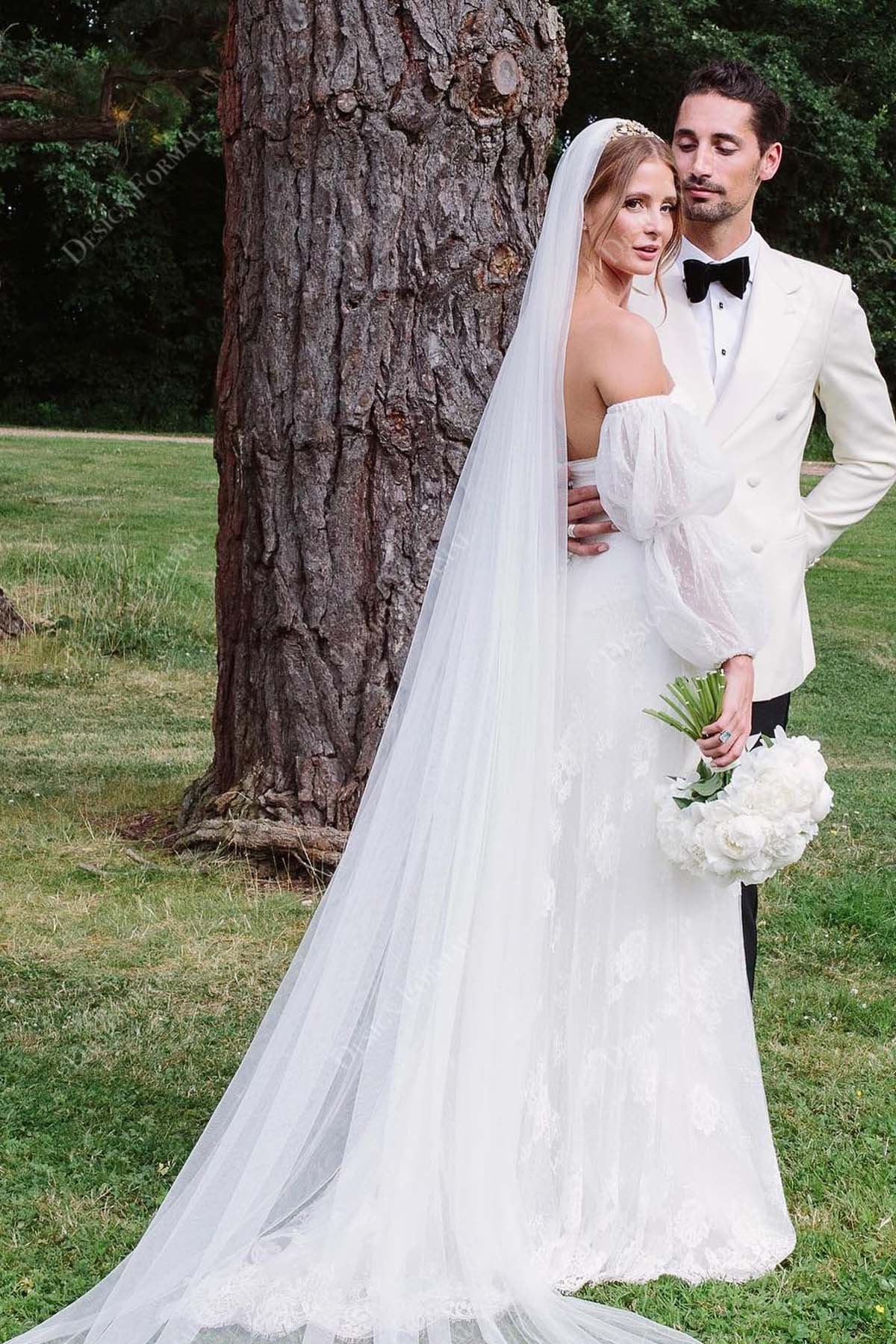 bubble sheer sleeves lace long wedding gown