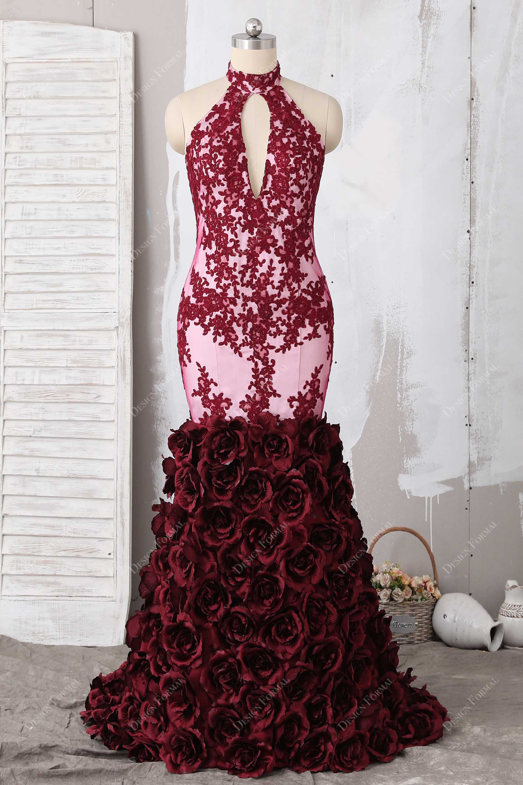 Burgundy 3D Rose Keyhole Halte Dramatic Trumpet Dress Burgundy 3D Rose Keyhole Halte Dramatic Trumpet Dress