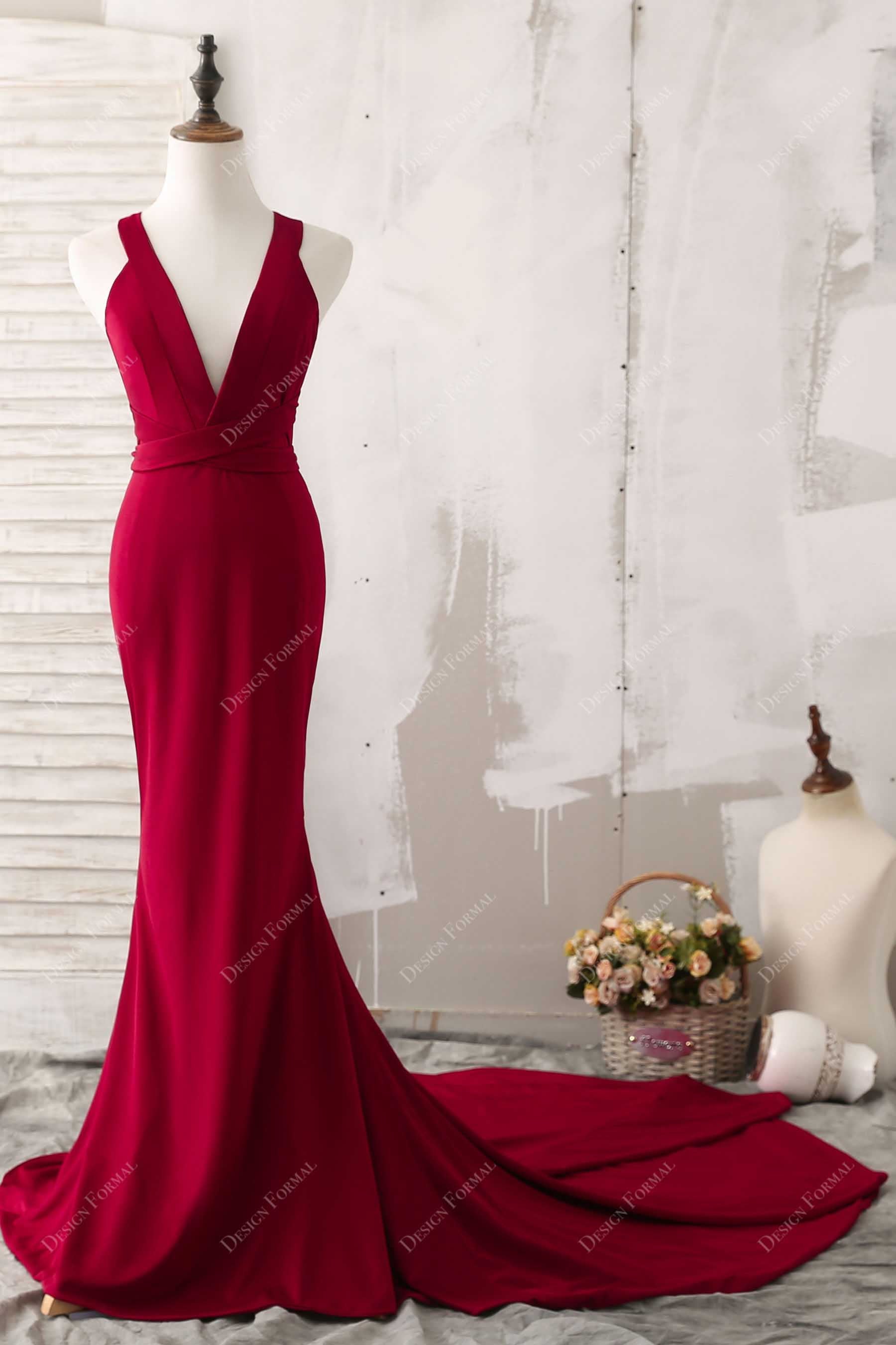 Burgundy Jersey Plunging Versatile Mermaid Prom Bridesmaid Dress Burgundy Jersey Plunging Versatile Mermaid Prom Bridesmaid Dress