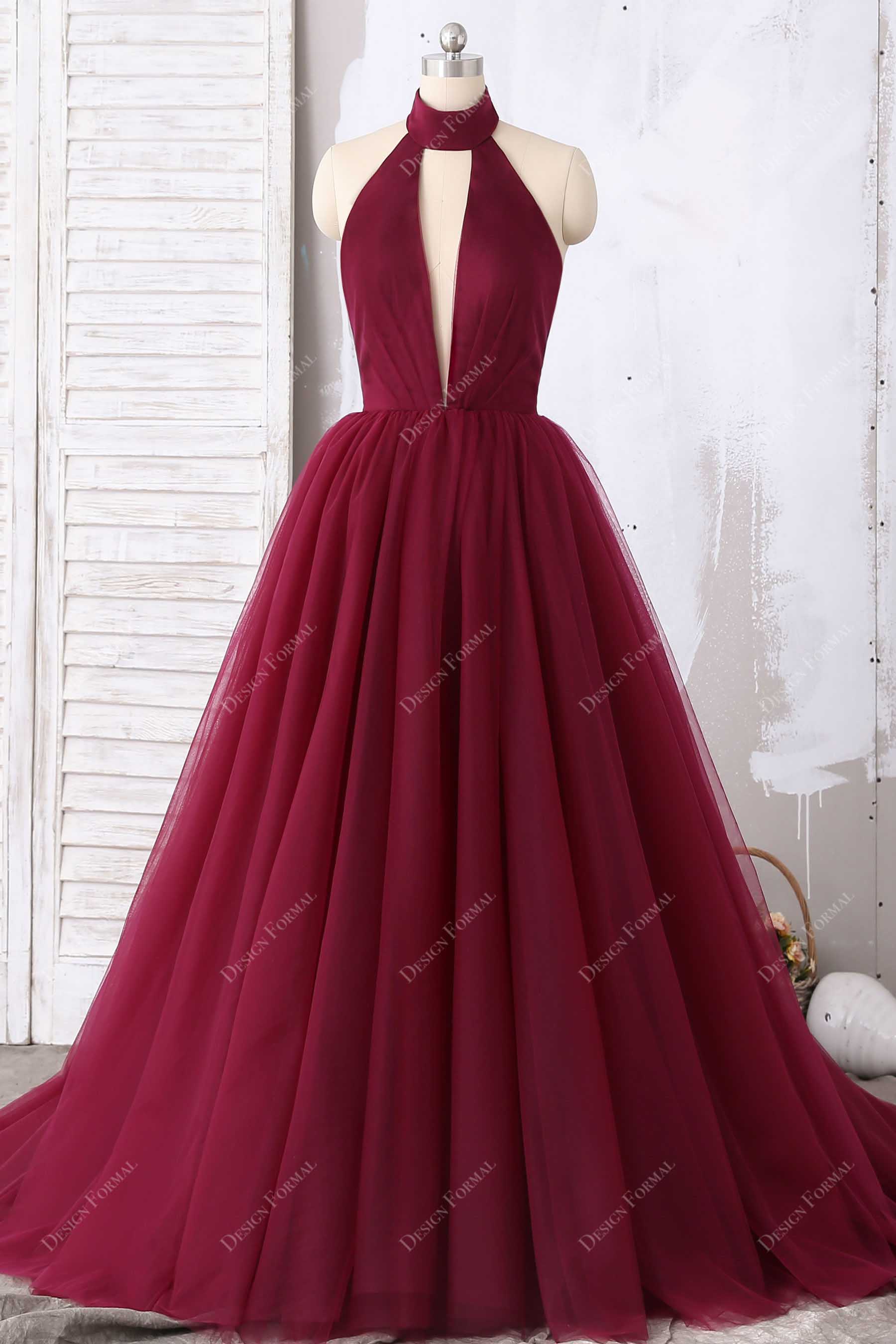 Sexy Burgundy Tulle Halter Plunge Open Back Prom Ball Gown Sexy Burgundy Tulle Halter Plunge Open Back Prom Ball Gown