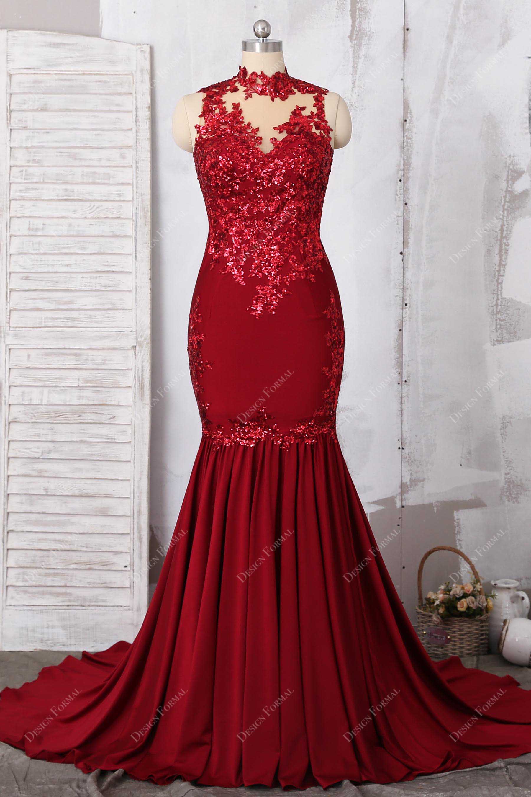 Ruby Sequined Lace Elegant Mermaid Knit Evening Prom Dress Ruby Sequined Lace Elegant Mermaid Knit Evening Prom Dress