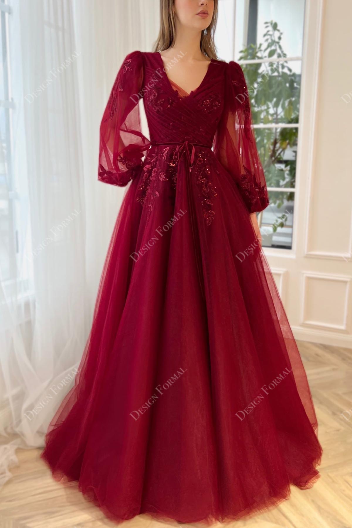Burgundy Sequin Tulle Custom V-neck A-line Formal Dress Burgundy Sequin Tulle Custom V-neck A-line Formal Dress