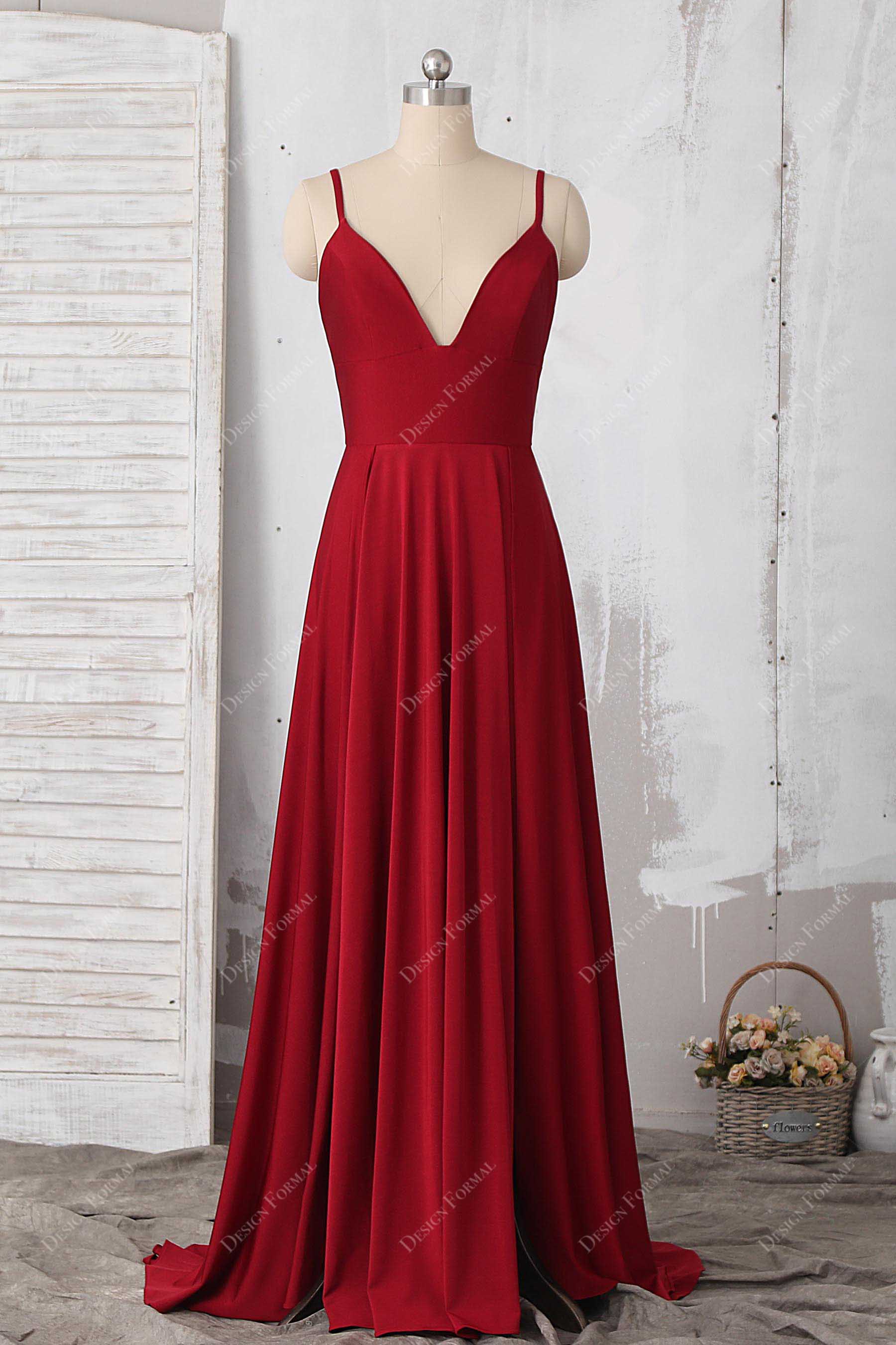 Red Jersey Spaghetti Straps Plunging Slit Simple Bridesmaid Prom Dress Red Jersey Spaghetti Straps Plunging Slit Simple Bridesmaid Prom Dress