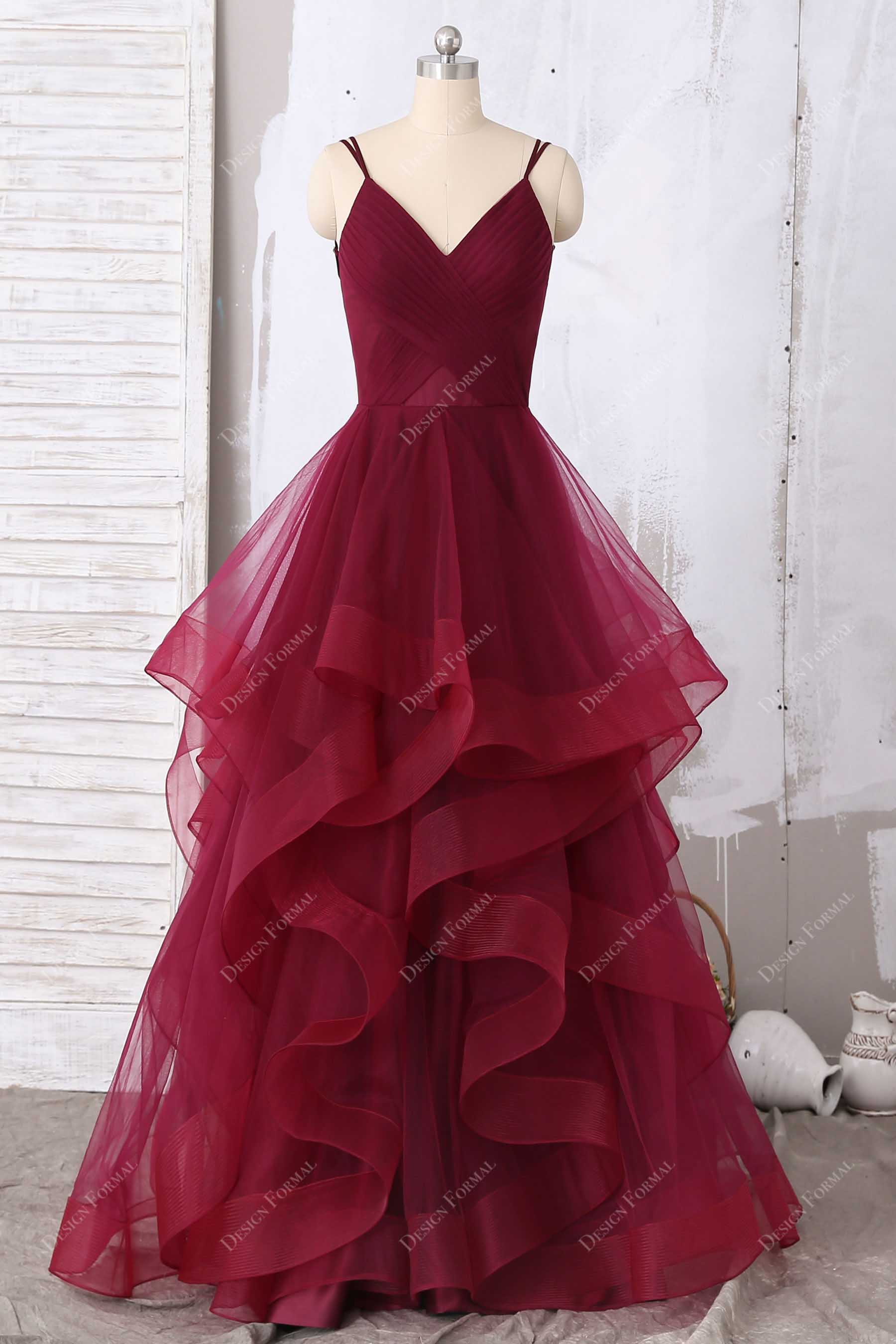 Ruffled Ball Gown Burgundy Tulle Pleated V-neck Designer Prom Gown Ruffled Ball Gown Burgundy Tulle Pleated V-neck Designer Prom Gown