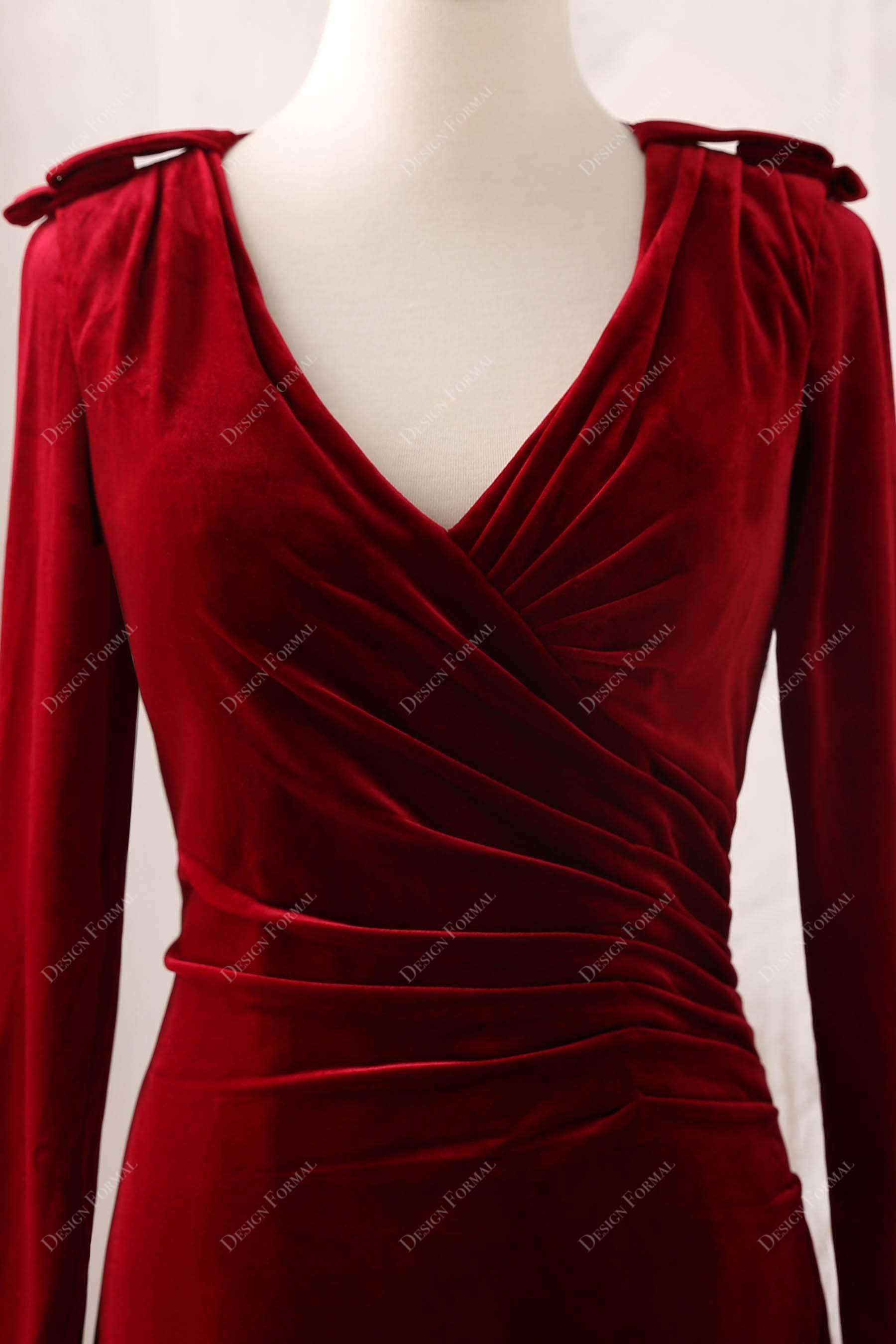 Wine Velvet Ruched V-neck Prom Dress