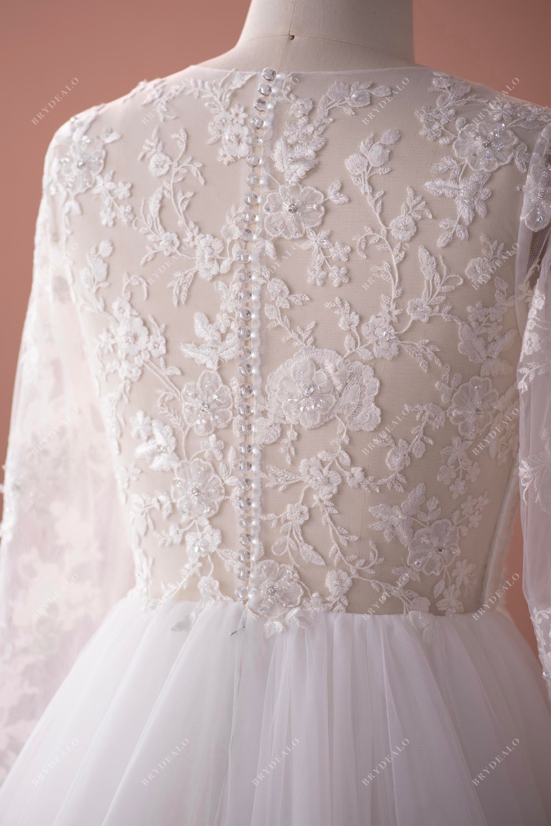 buttoned illusion lace back romantic wedding dress