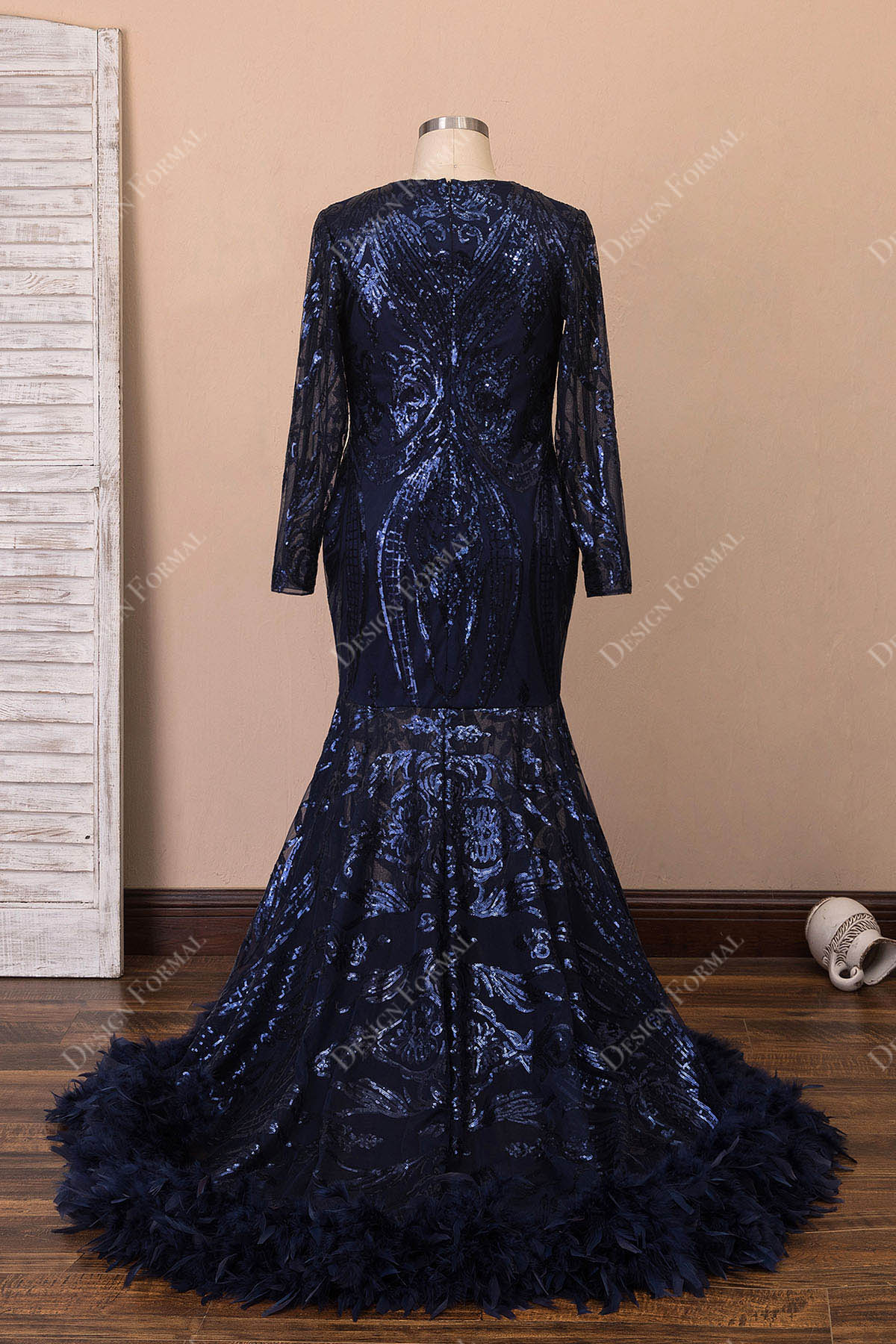 full back mermaid prom dress with feather hemline