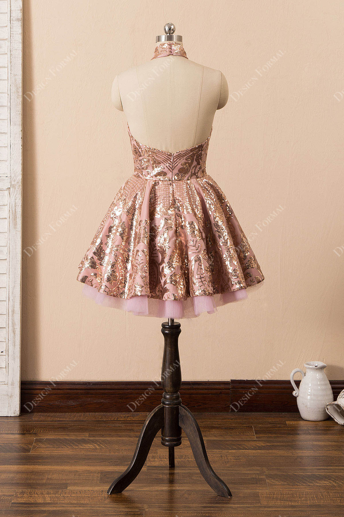 low back rose gold sequin homecoming dress