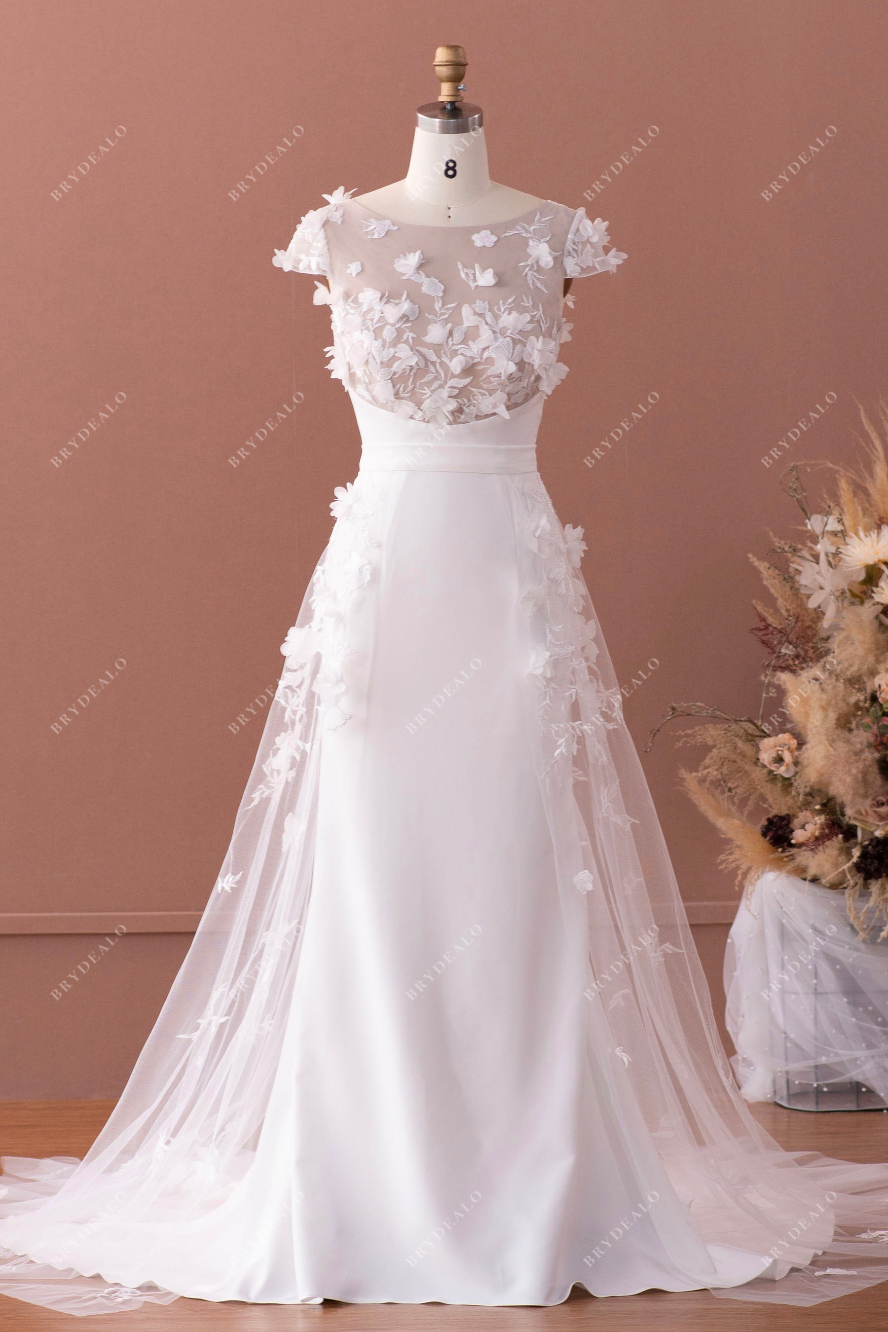 designer cap sleeve dresses Designer Lace Cap Sleeve Long Crepe Autumn Bridal Dress with Overskirt