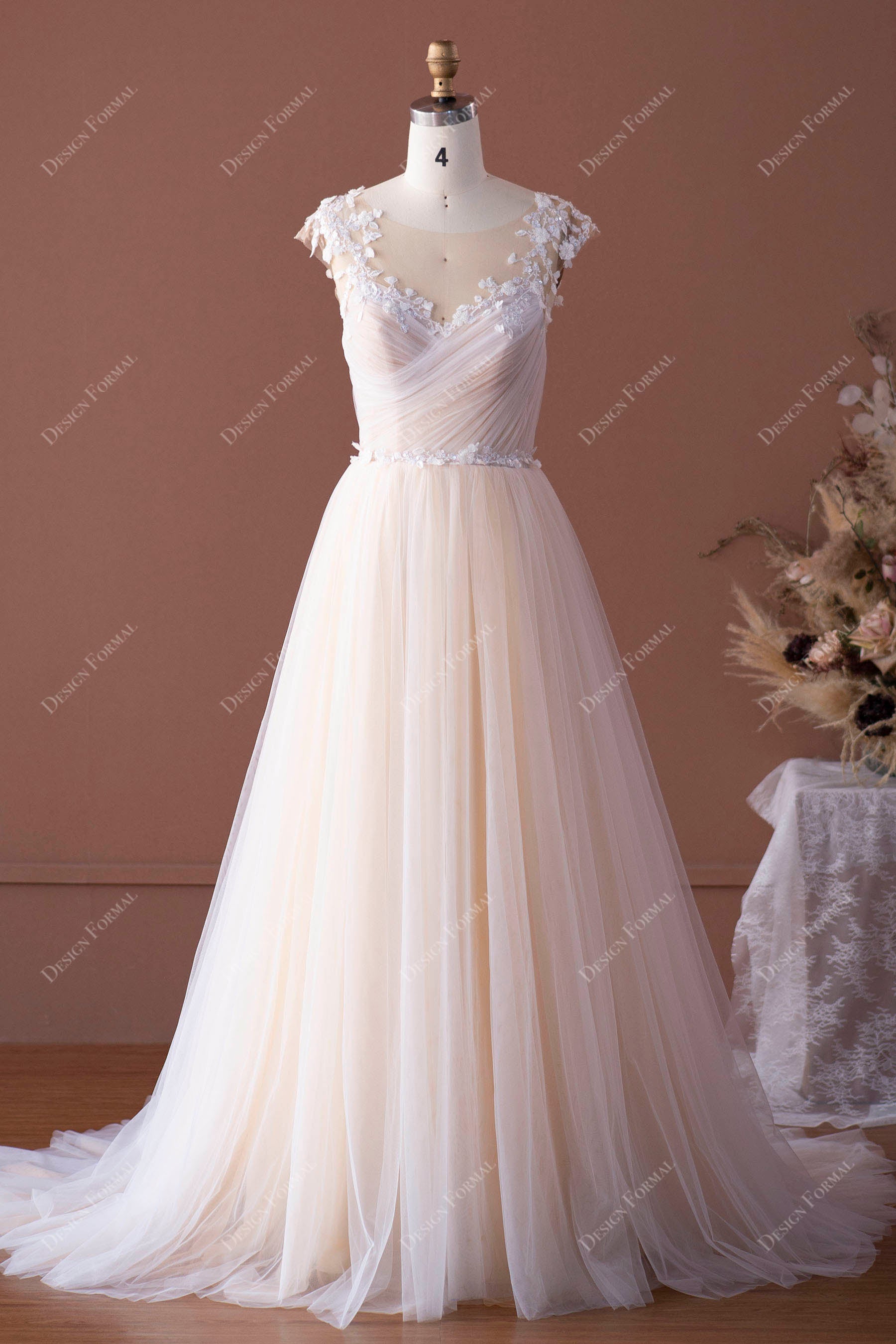 Romantic Lace Cap Sleeve Champagne Ruched Tulle Boho Bridal Gown, Light Ivory