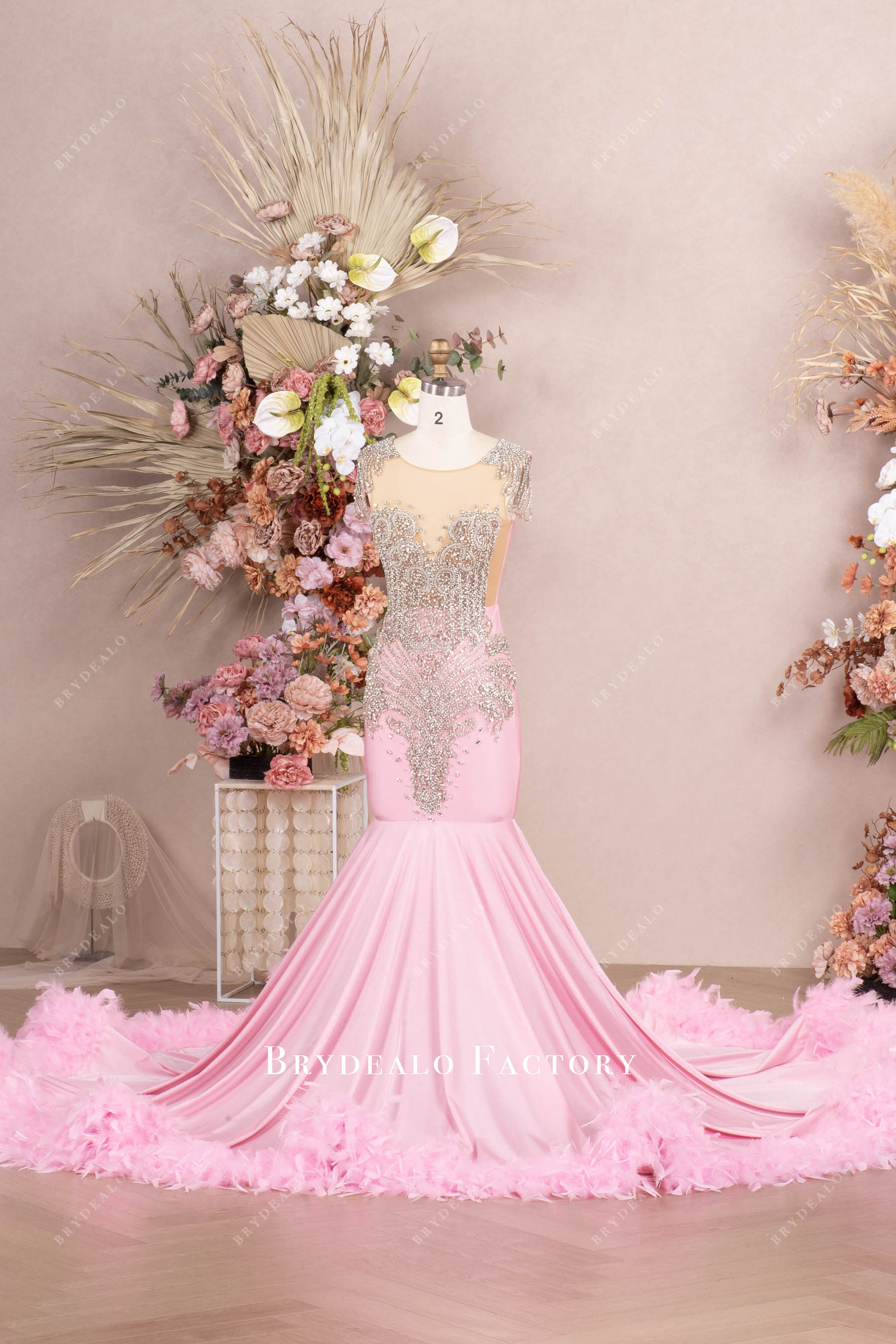 rhinestones pink jersey feather Junior prom dress