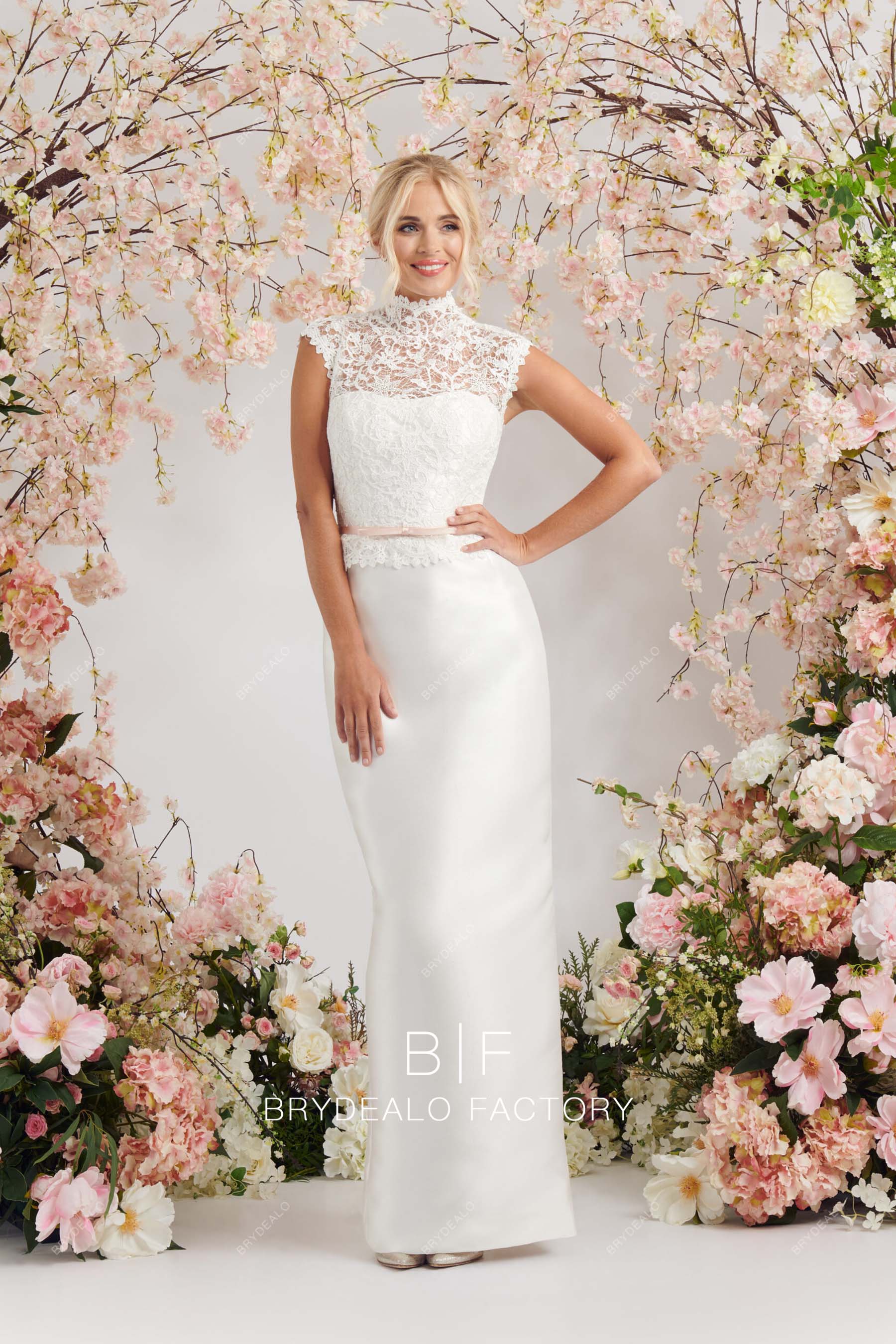 Modest Lace Satin Illusion High Neck Floor Length Sheath Wedding Dress Modest Lace Satin Illusion High Neck Floor Length Sheath Wedding Dress