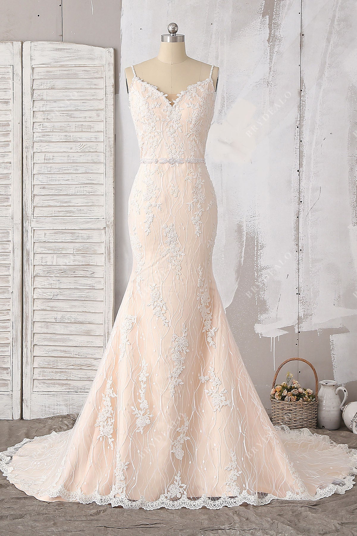 Mermaid Strap Champagne Overskirt Court Lace Tulle Wedding Dress