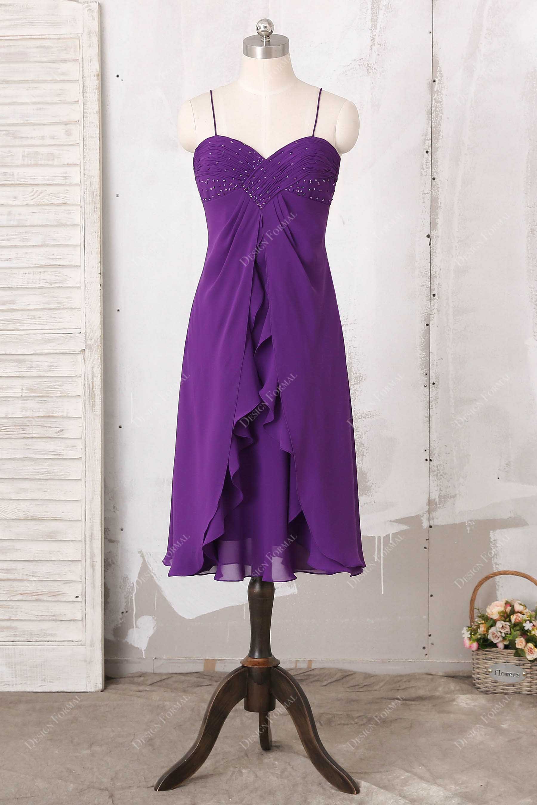 cascading ruffled slit purple short bridesmaid dress