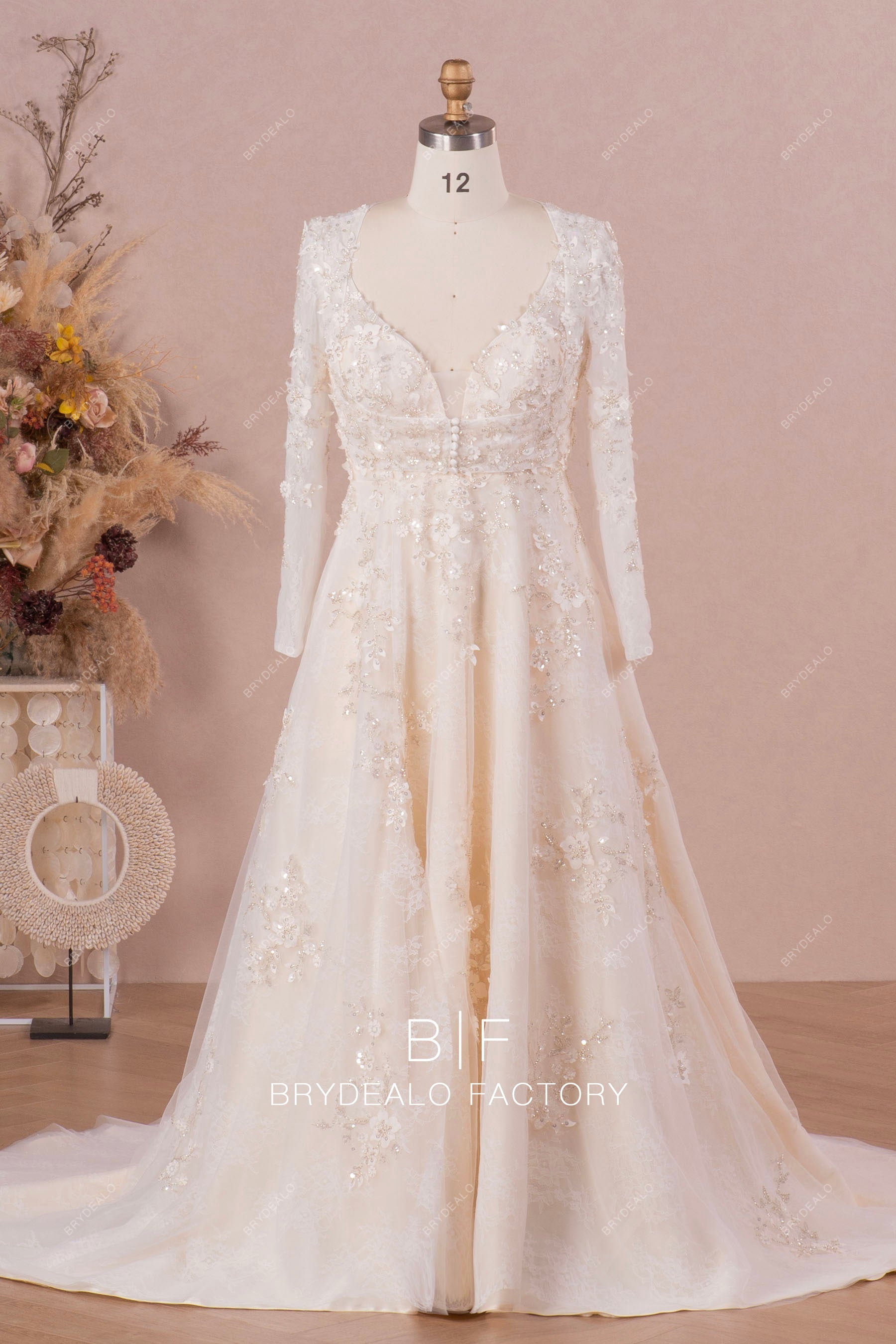 Designer 3D Flower Lace Champagne A-line Wedding Dress with Bolero, Champagne Designer 3D Flower Lace Champagne A-line Wedding Dress with Bolero, Champagne