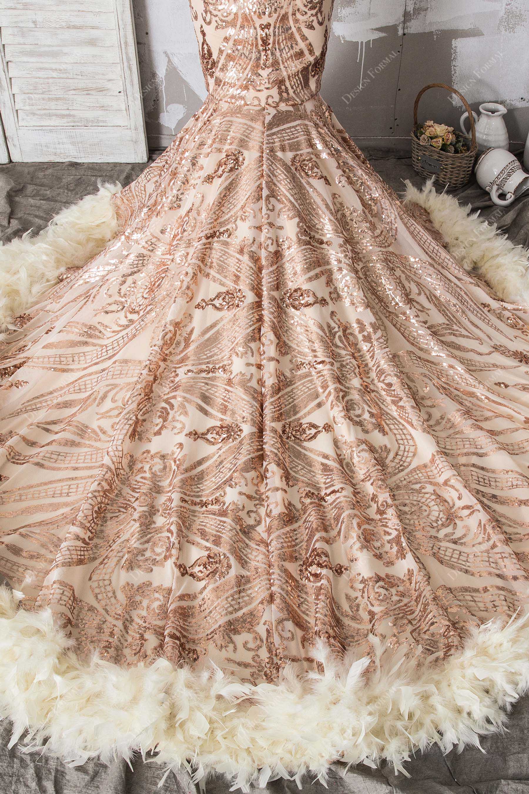 champagne feathered long train gown