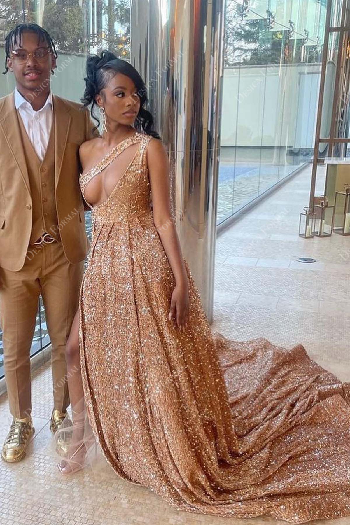 champagne gold glitter one shoulder cutout long A-line prom dress