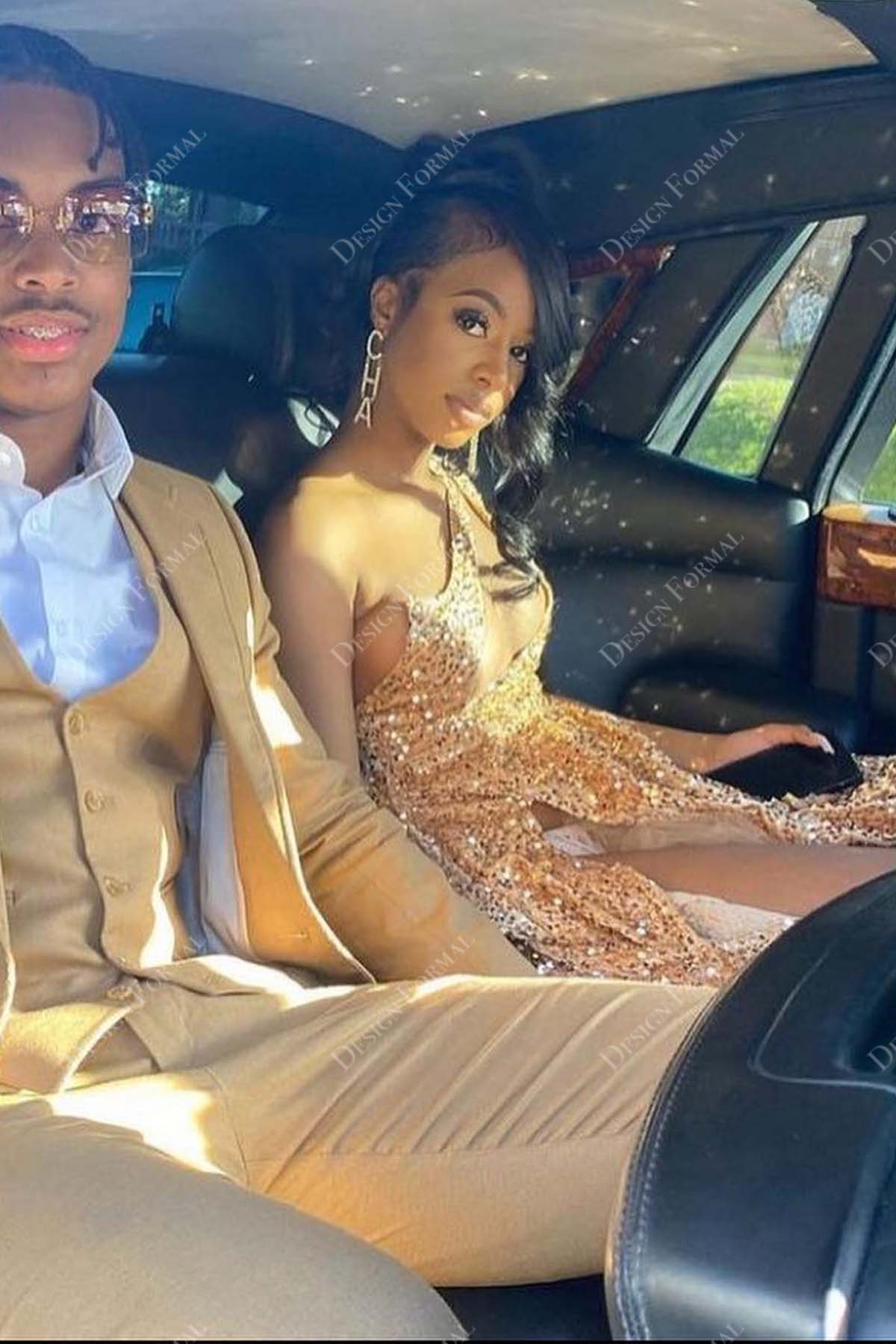 champagne gold glitter one shoulder cutout prom gown