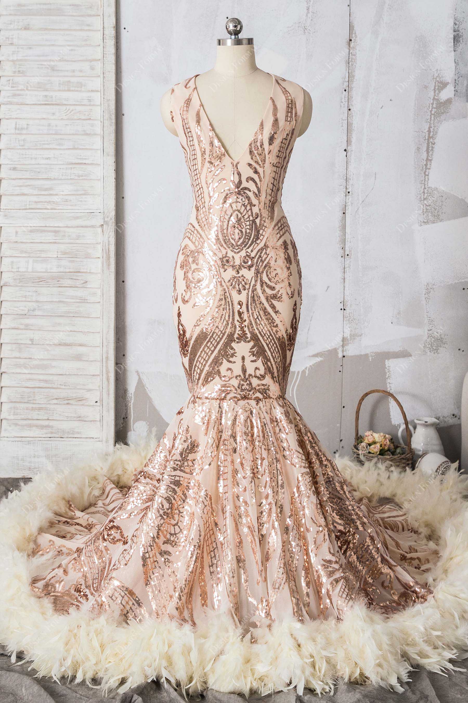champagne gold sequin feathered mermaid prom dress