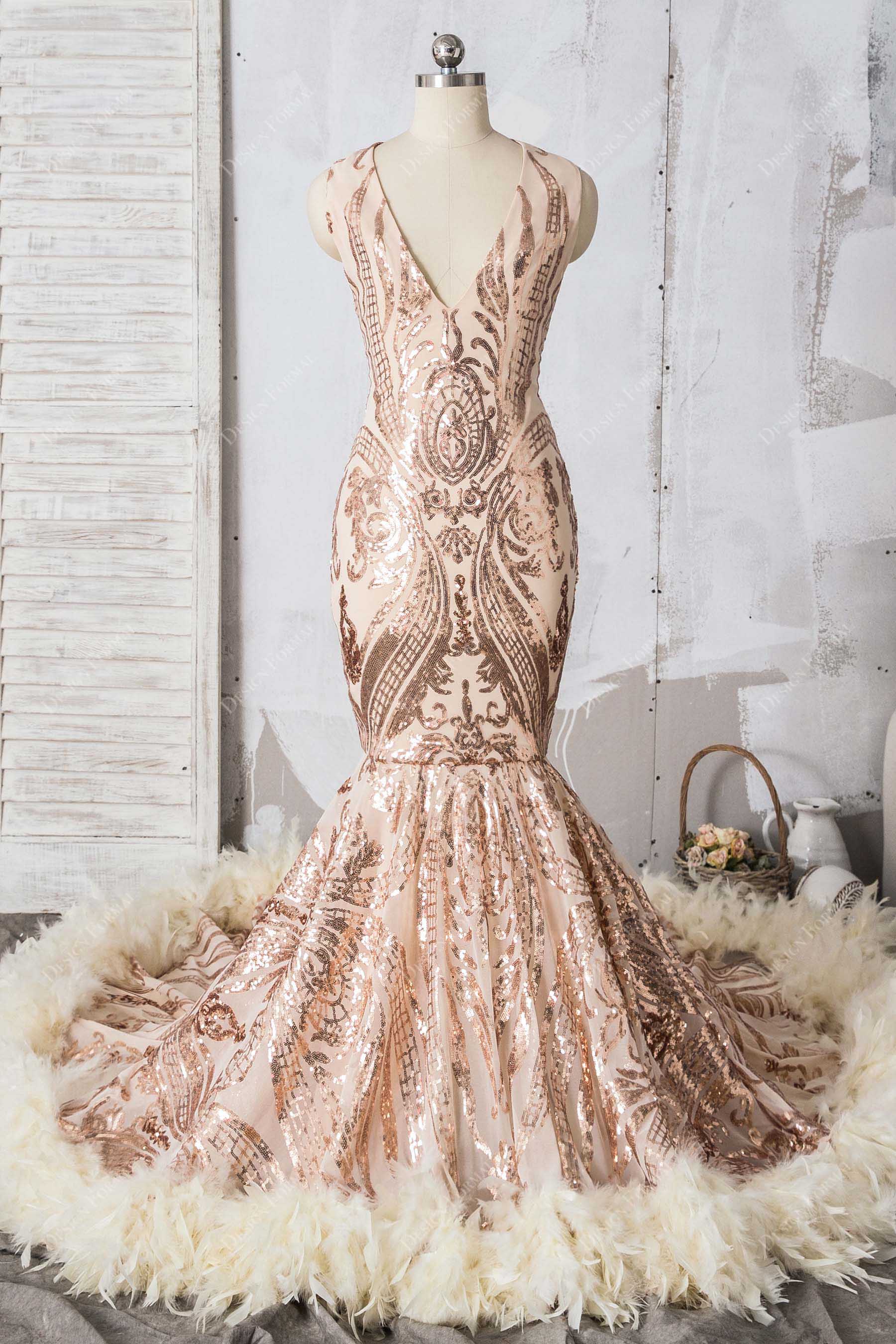  Dresses for Women - Plunging Neck Sequins Formal Gown (Color :  Apricot, Size : Large) : Clothing, Shoes & Jewelry