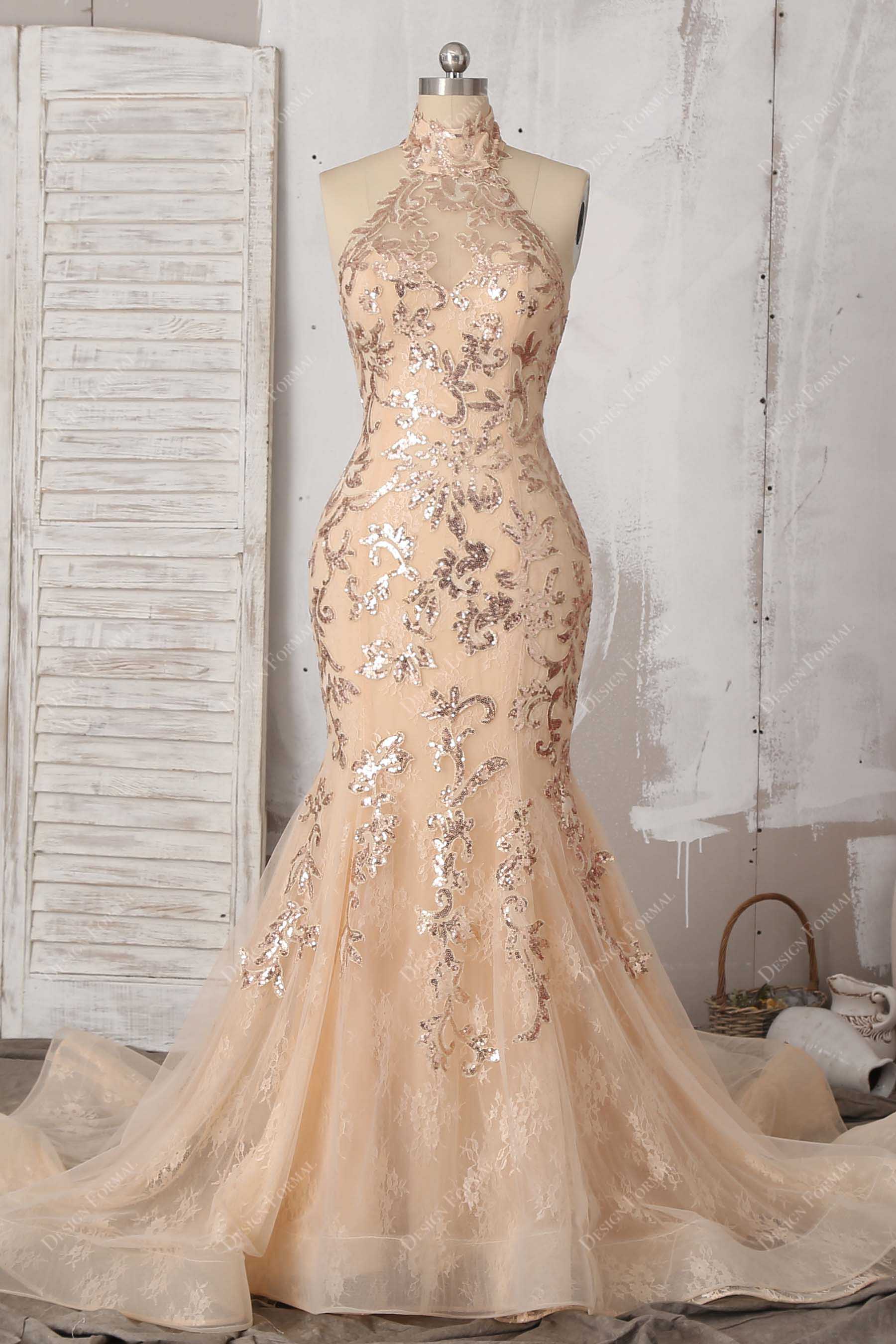 Champagne Lace Vine Sequin Halter Elegant Mermaid Long Prom Dress Champagne Lace Vine Sequin Halter Elegant Mermaid Long Prom Dress