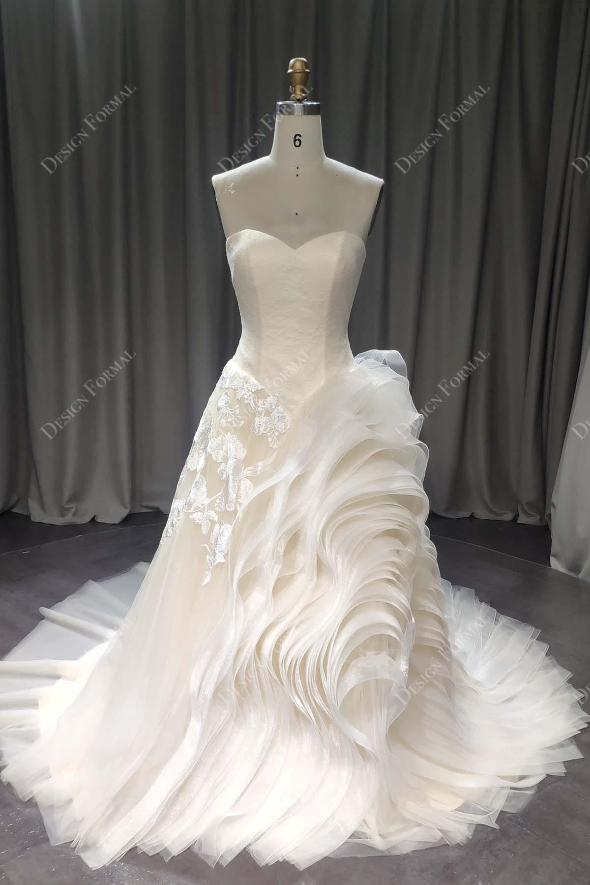 Champagne Lace Strapless Designer Ruffled A-Line Bridal Dress, Champagne