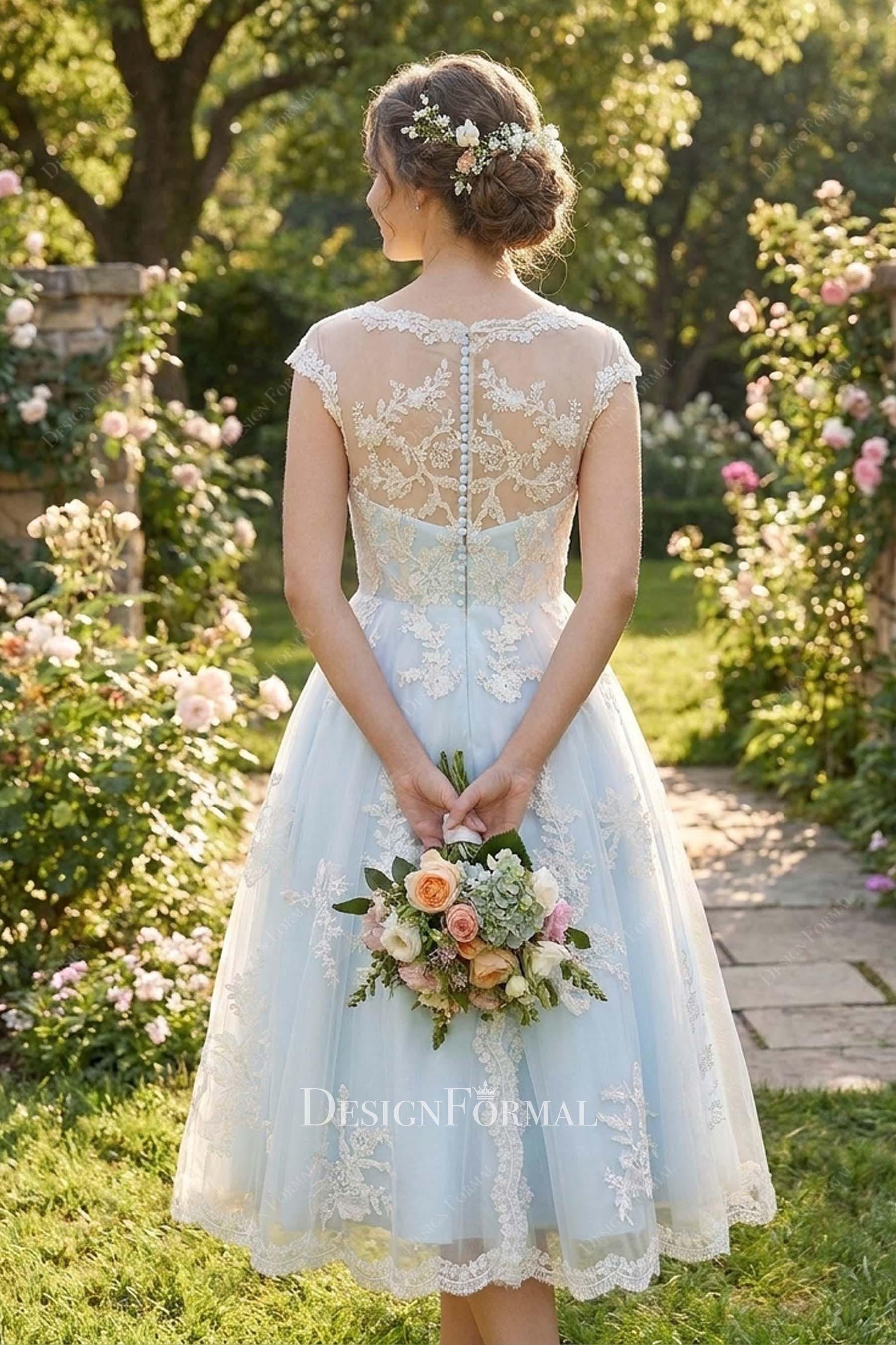 custom champagne lace tea length informal bridal gown