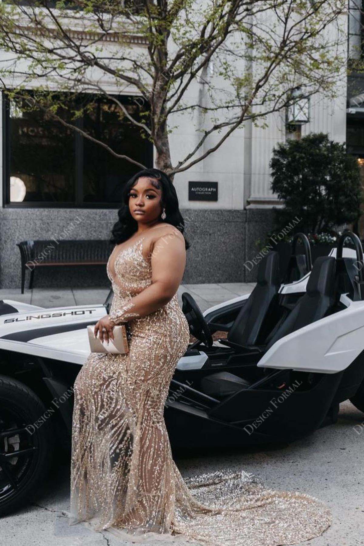 champagne sequin one sleeve sheer mermaid plus size prom gown