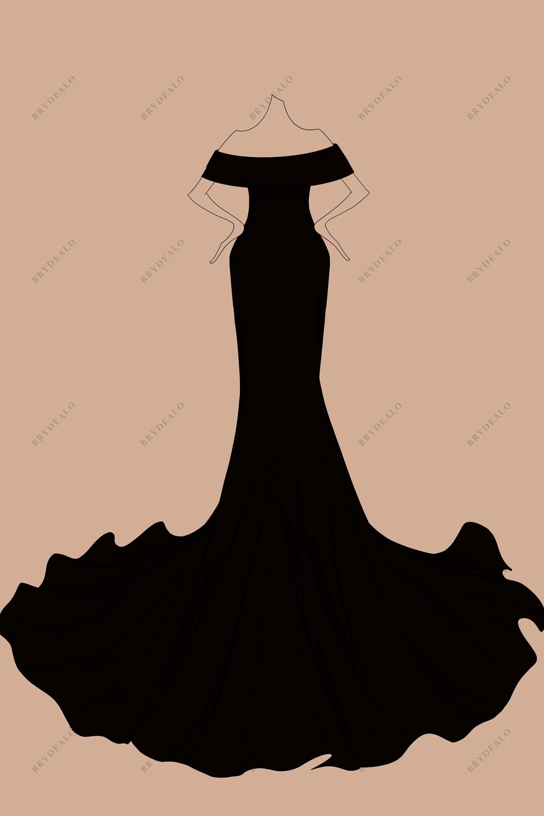 chapel train mermaid off shoulder formal gown sketch