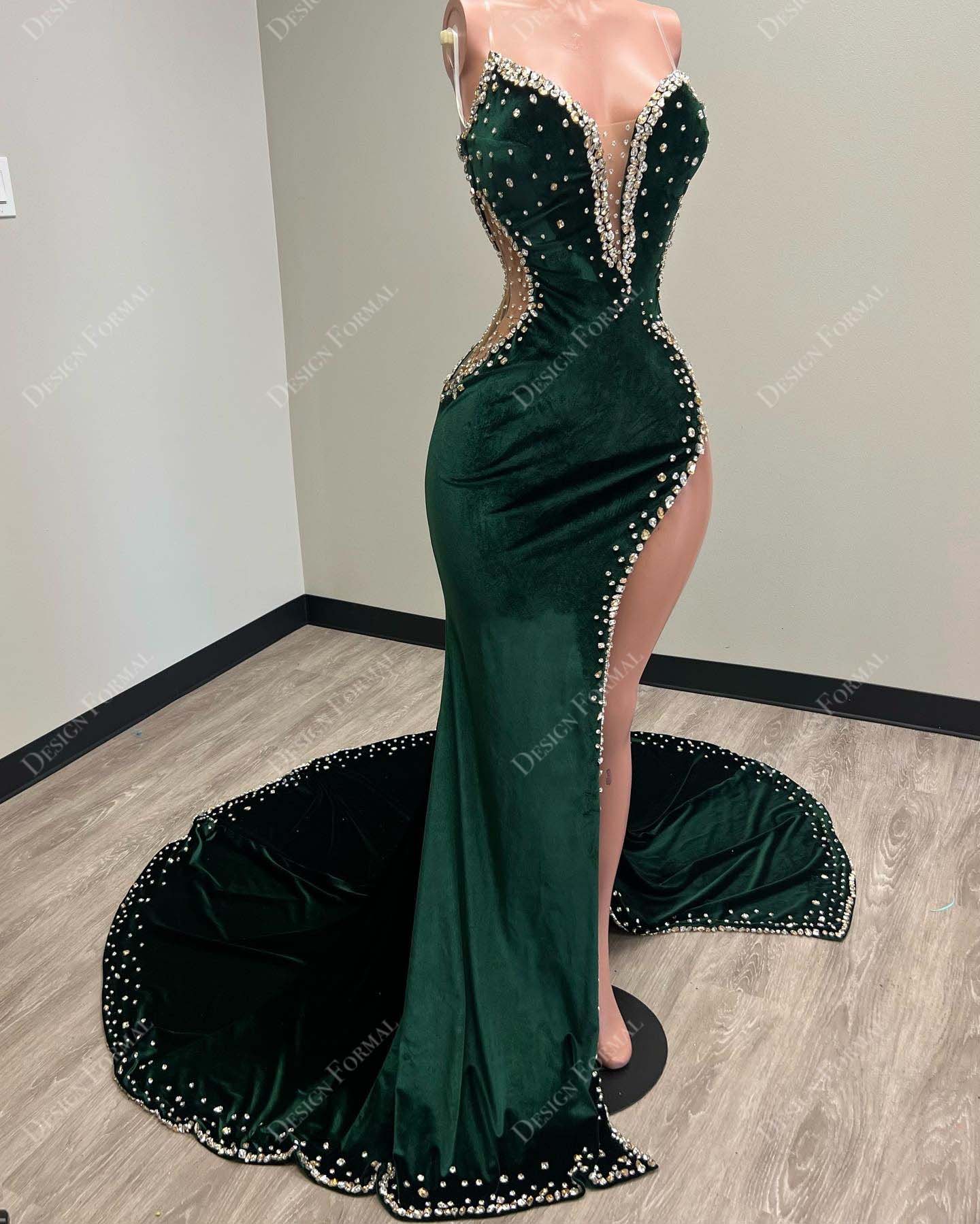 chapel train dark green velvet prom gown