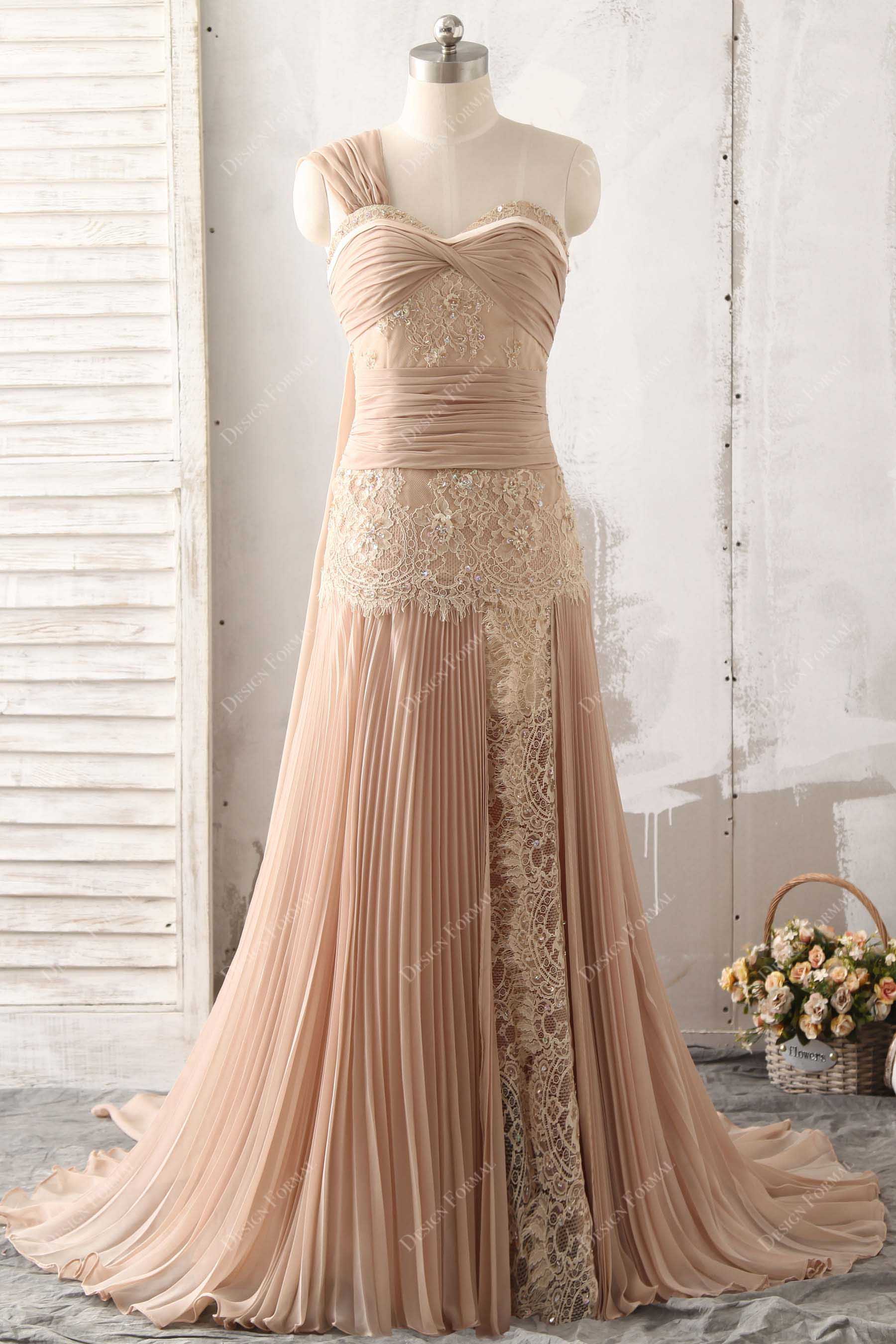 Apricot Pleated Chiffon One Shoulder Lace Designer Prom Bridal Dress Apricot Pleated Chiffon One Shoulder Lace Designer Prom Bridal Dress