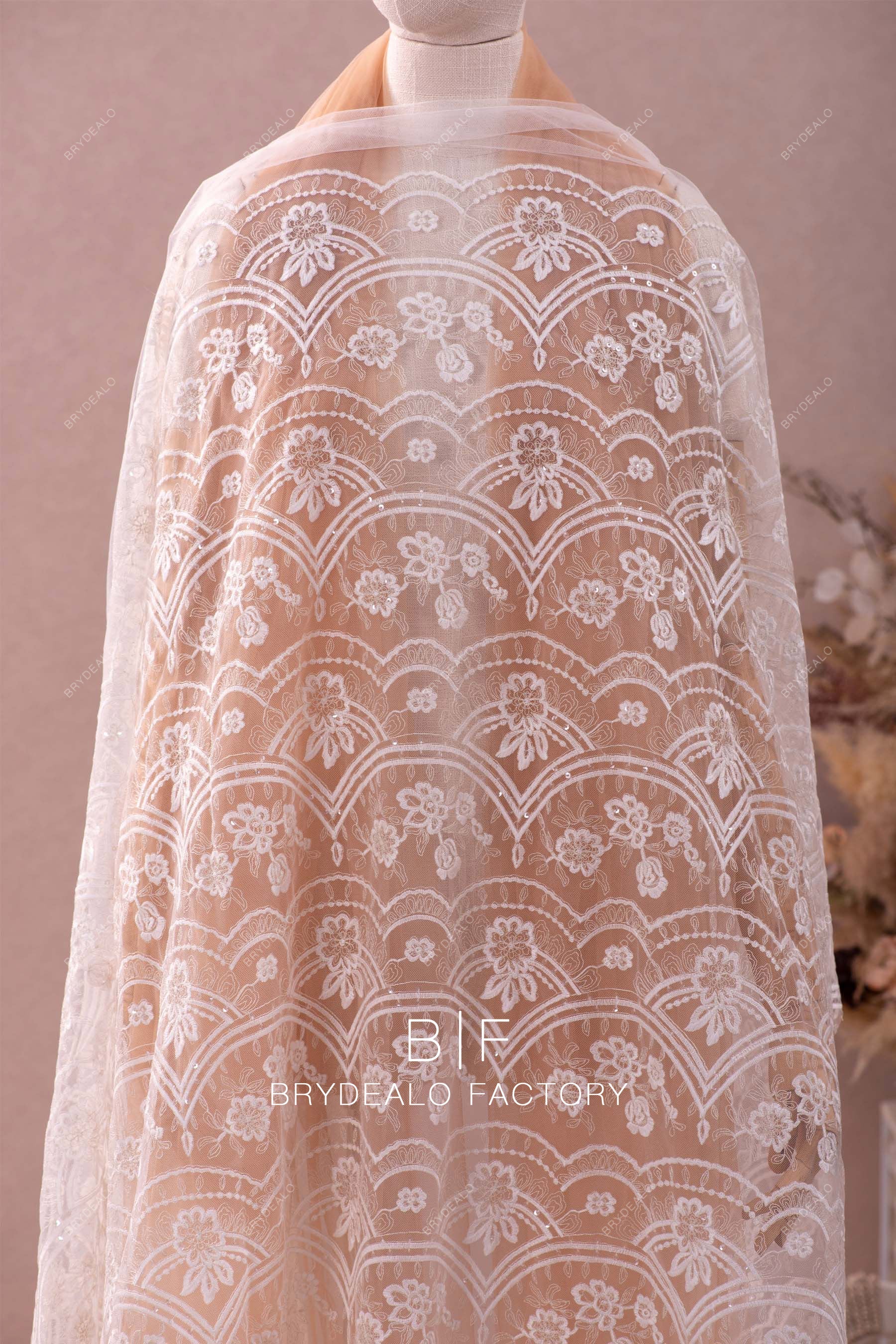 chinese dress ladies Clear Sequin Scalloped Embroidery Lace Fabric for Dresses