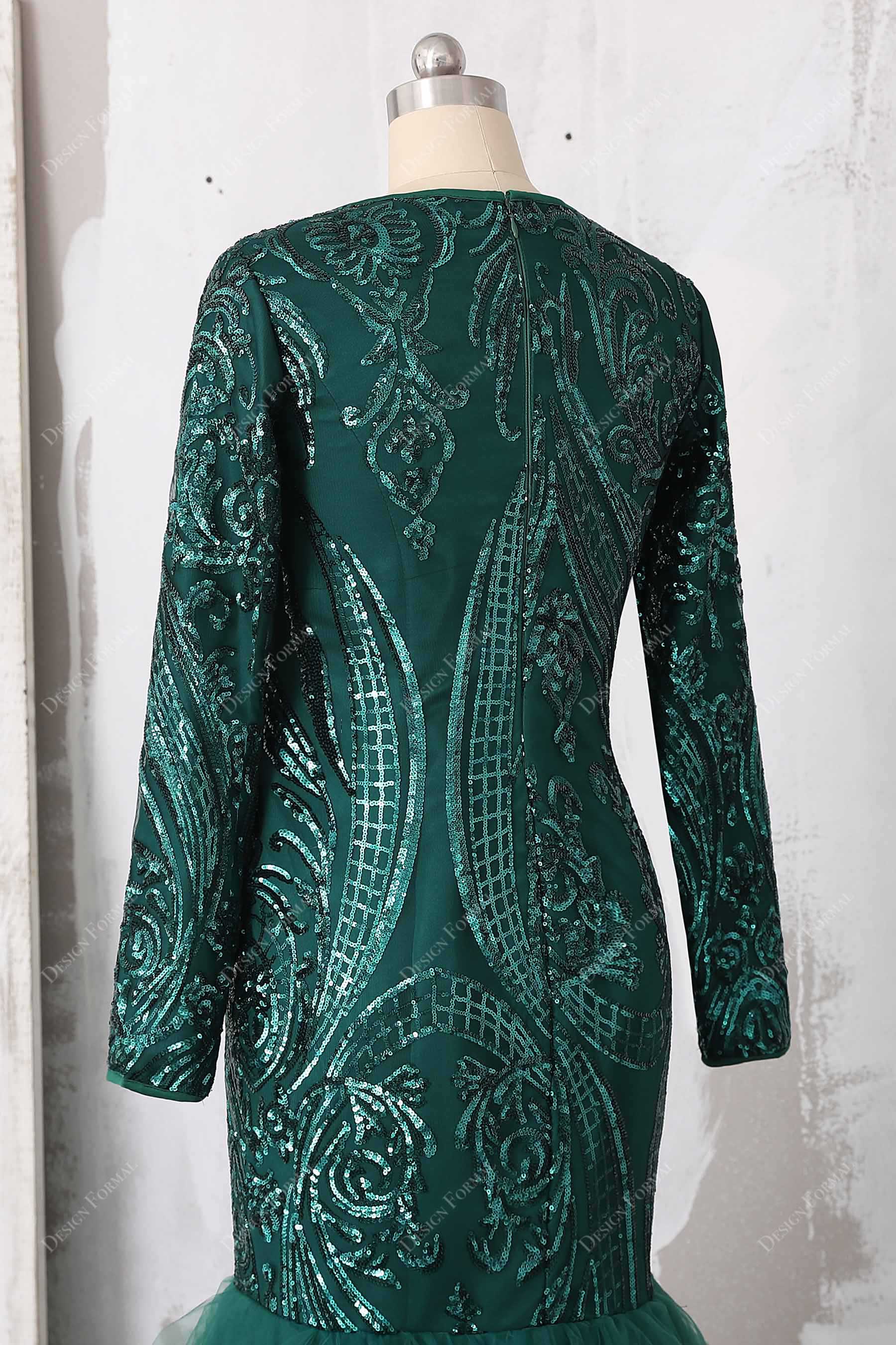 closed back sleeved green sequin prom dress