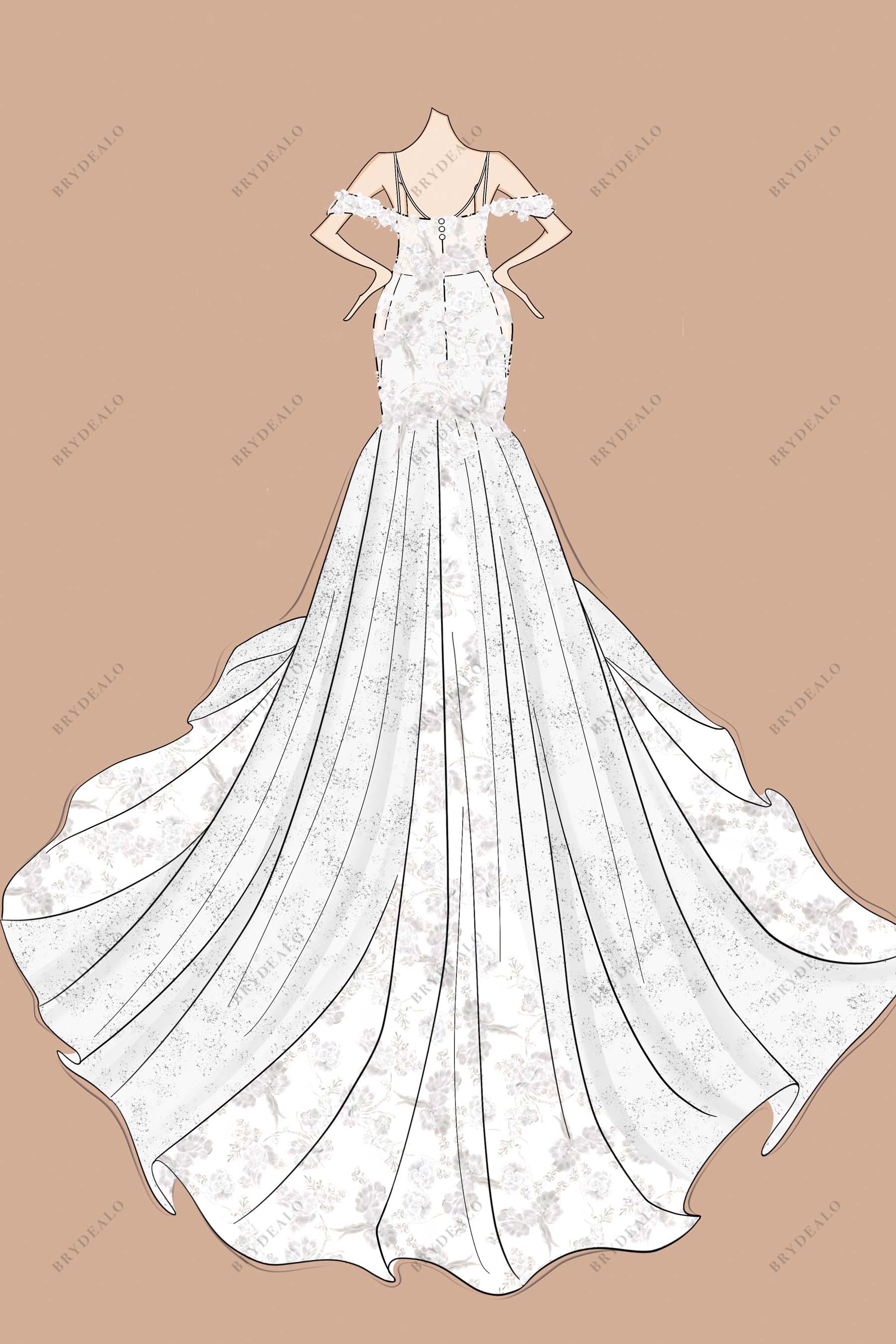 Cold-shoulder Long Train Trumpet Hand-Drawn Lace Wedding Dress Design