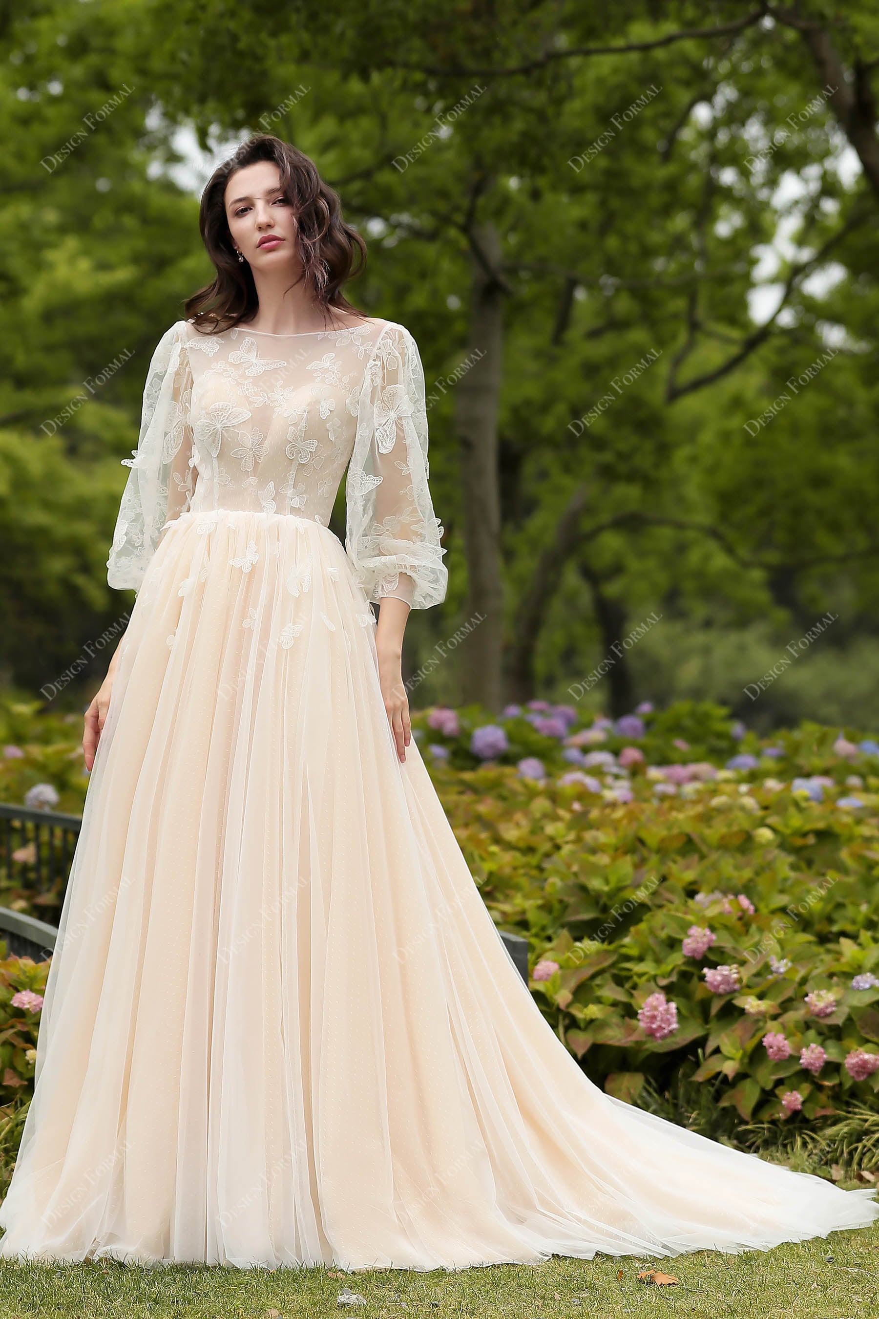 Designer Butterfly Lace Cinderella Colored Garden Wedding Gown, Nude Pink Designer Butterfly Lace Cinderella Colored Garden Wedding Gown, Nude Pink