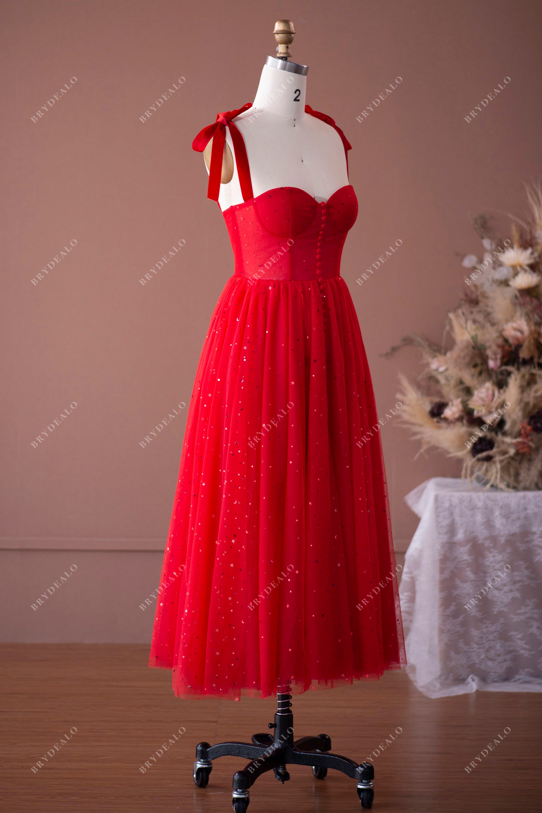 Red Straps Corset Star Tea Length Prom Dress