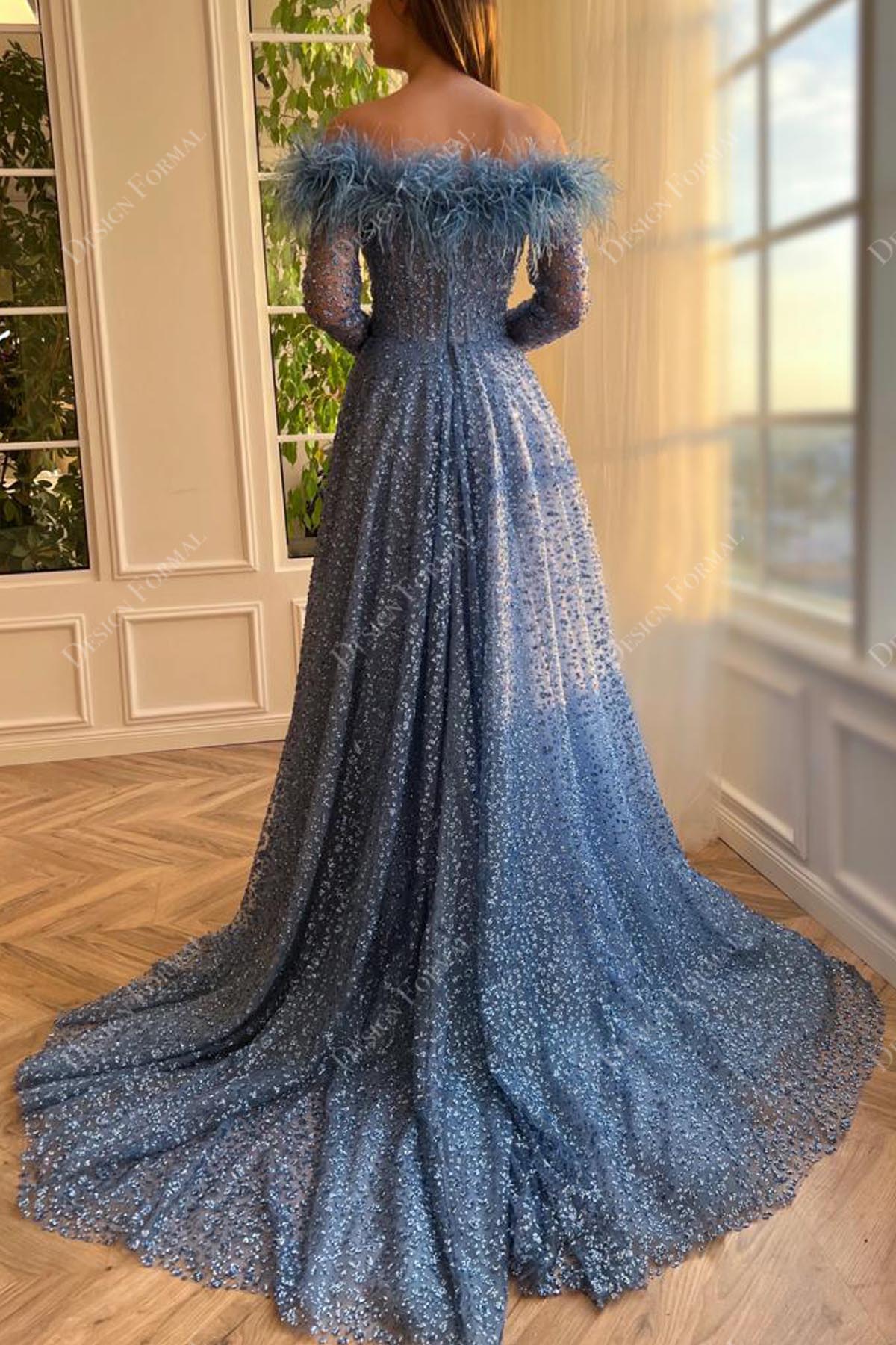 court train A-line beaded off shoulder dress