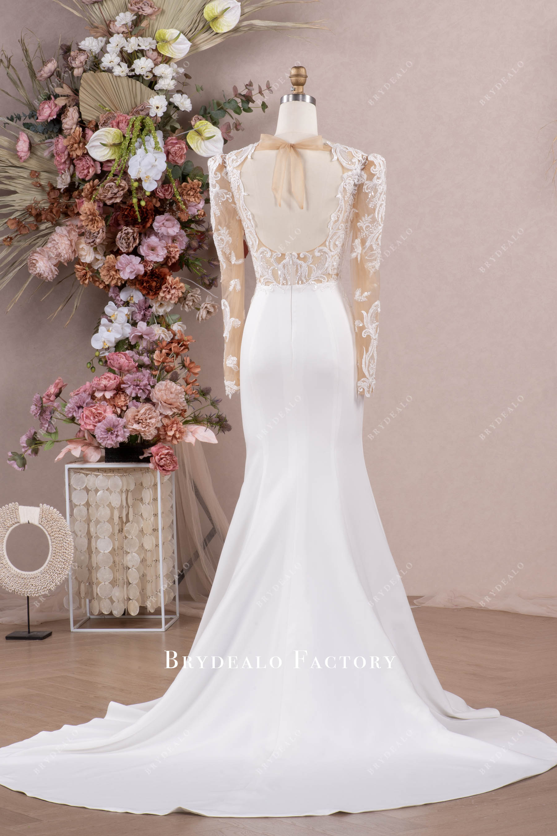 court train crepe mermaid long wedding dress